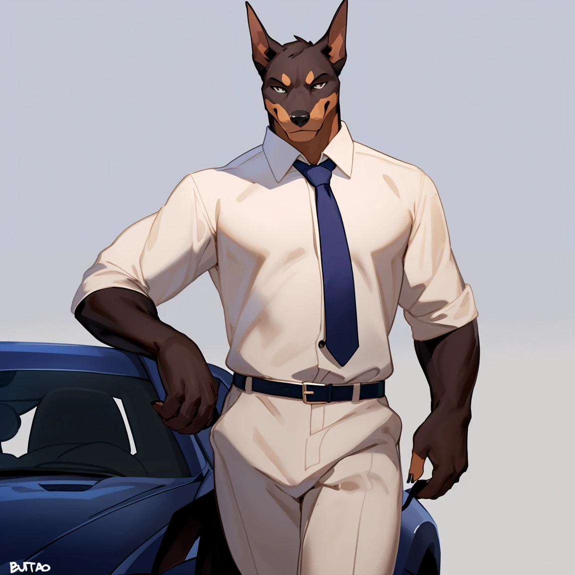 By bebebebebe, by buta99, by chunie, solo, male, canine, dobermann, (muscular), tall, smirking, suit, short hair, (snout), (long shoot), full body, lift one leg,