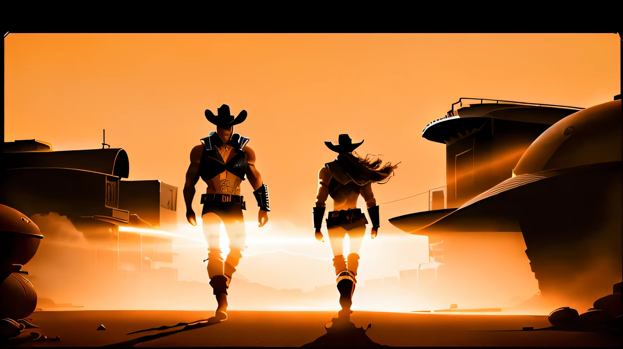A cowboy in a desolate landscape,scarred cowboy boots,cowboy hat,tatoo,sunlit desert,classic cowboy attire,dusty atmosphere,gritty style,western sunset,vivid colors,shadowy figures,retro-future style, hero's journey,cosmic jazz,smoky atmosphere,neon lights,suspenseful action sequence,space bounty hunter,dynamic angles,impressive starship,edgy and cool characters.