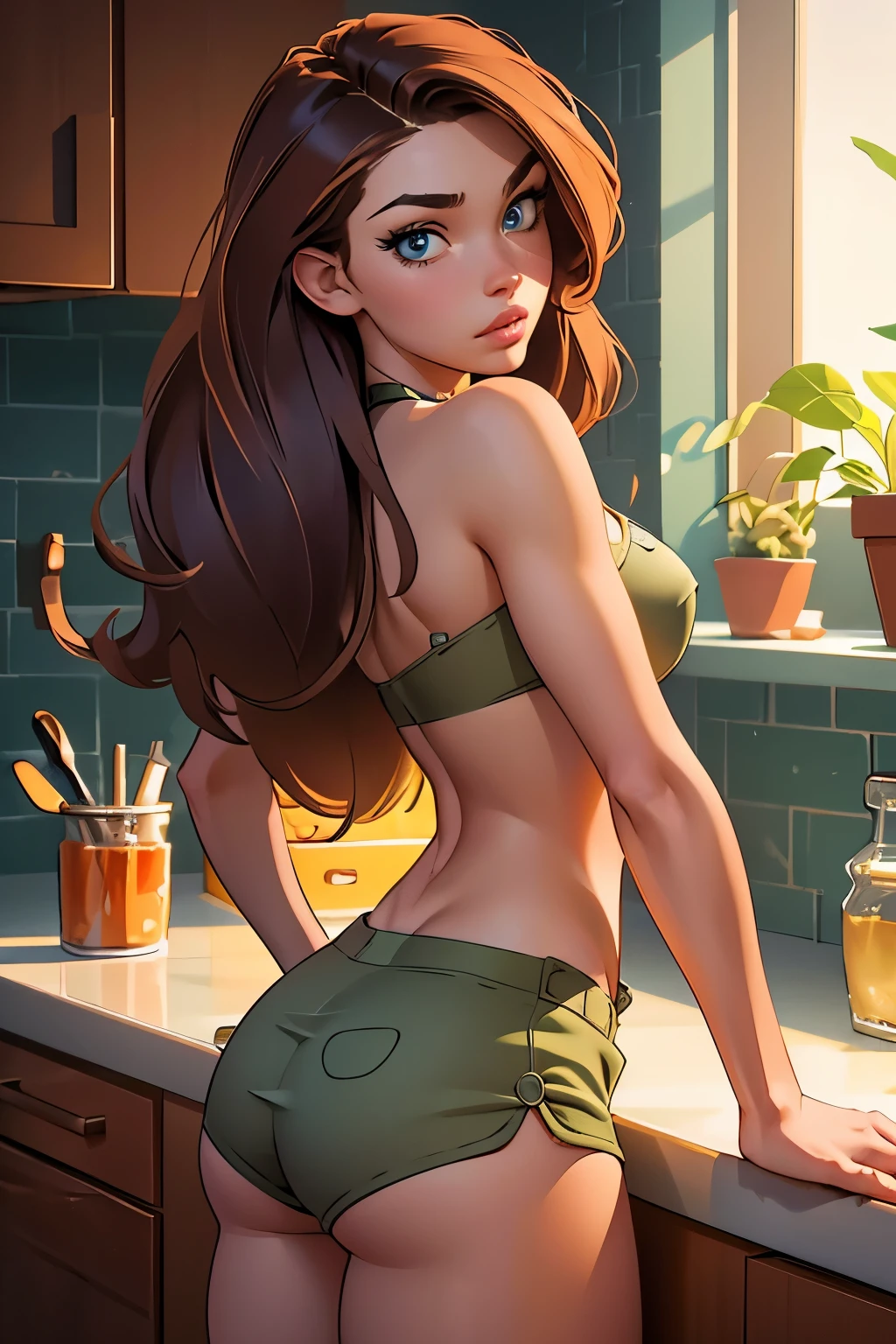 Masterpiece, raw, beautiful art, professional artist, 8k, very detailed face, very detailed hair, 1girl, Kim Possible, wearing tight pajama shorts and tight pajama halter top, leaning her sexy ass against kitchen counter, perfectly drawn body, beautiful face, long hair, very detailed eyes, biting her lip suggestively, rosey cheeks, intricate details in eyes, looking straight at viewer , in love with viewer expression, puckered lips, perfect fit body, wide hips, small waist, thick thighs, firm abs, beautiful body, extremely detailed, intricate details, highly detailed, sharp focus, detailed skin, realistic skin texture, texture, detailed eyes, high resolution, kodak vision color, foto_\(ultra\), post-processing, maximum detail, roughness, real life, ultra realistic, photorealism, photography, absurdres, RAW photo, highest quality, high detail RAW color photo, professional photo, extremely detailed UHD 8k wallpaper unit, best quality, highres, (masterpiece, top quality, high resolution:1.4), photo, cinematic, film grain, sharp, soft natural light, magic photography, super detailed