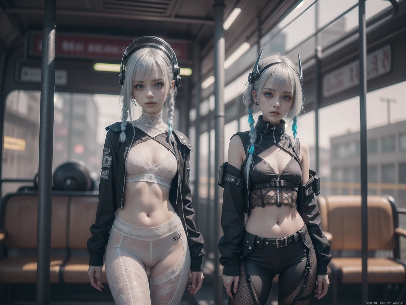 1girl, innocent, alone, ((waiting a bus:1.5)), (view_from_front:1.5), (instagram yanakryukova), (seductive_facial_expression:1.4), sweety, cute, kawaii, perfect face, galactic_young_princess, ((little breasts, flat_chested, small chest:1.6)), ((little nipples, natural nipples)), top model figure, (skinny), (perfect little ass, round ass, long legs, slim legs), pale skin, soft skin, caucasian ager, slender girl, natural make-up on eyes only, perfecteyes, black_eyes, (innocent_looking:1.4), oval jaw, freckles, natural_beauty, (white hair, bright pink hair, dreadlocked pigtails, long bangs, drill hair), ((she is wearing a white transparent lace bodysuit,  print white cotton leggings, white transparent lace hoodie, lace collarbone, cleavage cutout, cameltoe, and techwear high boots)), ((wearing an intricate detailed techwear white outfit)), ((cute neon head accesories:1.6)), punk_hair_ornaments, pastel_goth, punk, fantasy_princess, necklace, earring, cute 18 years old girl, skinny young girl, white theme, (bokeh, depth of field, blurry background, light particles, fog), ((detailed sci-fi cyberpunk bus stop background:1.6)), ((real life, realistic, profesional photography, photo_realistic, hyper_realism, ultra-detailed)), photography by Tim Walker, Tim Walker masterpiece, best_quality, 8K, soft tones, pastel tones, low saturation, (contrast:0.3), muted colors, cold light, neon, Ex_Machina_movie, studio light