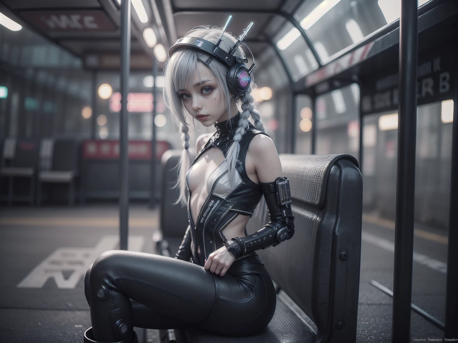 1girl, innocent, alone, ((waiting a bus:1.5)), (view_from_front:1.5), (instagram yanakryukova), (seductive_facial_expression:1.4), sweety, cute, kawaii, perfect face, galactic_young_princess, ((little breasts, flat_chested, small chest:1.6)), ((little nipples, natural nipples)), top model figure, (skinny), (perfect little ass, round ass, long legs, slim legs), pale skin, soft skin, caucasian ager, slender girl, natural make-up on eyes only, perfecteyes, black_eyes, (innocent_looking:1.4), oval jaw, freckles, natural_beauty, (white hair, bright pink hair, dreadlocked pigtails, long bangs, drill hair), ((she is wearing a white transparent lace bodysuit,  print white cotton leggings, white transparent lace hoodie, lace collarbone, cleavage cutout, cameltoe, and techwear high boots)), ((wearing an intricate detailed techwear white outfit)), ((cute neon head accesories:1.6)), punk_hair_ornaments, pastel_goth, punk, fantasy_princess, necklace, earring, cute 18 years old girl, skinny young girl, white theme, (bokeh, depth of field, blurry background, light particles, fog), ((detailed sci-fi cyberpunk bus stop background:1.6)), ((real life, realistic, profesional photography, photo_realistic, hyper_realism, ultra-detailed)), photography by Tim Walker, Tim Walker masterpiece, best_quality, 8K, soft tones, pastel tones, low saturation, (contrast:0.3), muted colors, cold light, neon, Ex_Machina_movie, studio light