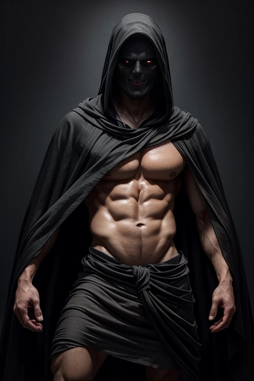 Photorealistic, ((best quality)), ((masterpiece)), (detailed), Grim Reaper, masculine portrait of Death, personification of Death, (open black cloak:1.4), (evil look:1.2), clutching a scythe, 18-year-old male model, handsome, tall, cute looking, evil look, dark look, powerful, young male model, handsome mythical creature, super strong, muscular, fit, massive muscles, six pack, clean shave, white eyes. short wavy messy black hair, short messy hair, messy wavy hair, shirtless, barechested, muscle, ripped, strong body, fit body, ancient linen Greek small skirt, (black linen antique draped cloth skirt:1.3) (Dark background:) 8k, high detailed, ultra-detailed, Stylish Pose, real skin texture, dark cinematic lighting, (night cemetery:1.4), stone graves in the background