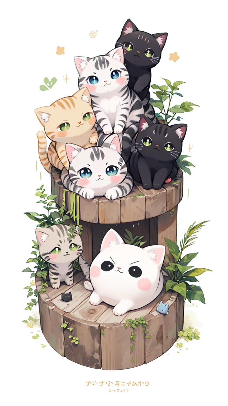 a group of cats sitting on top of each other on a beige background, cute cats, kawaii cat, anime visual of a cute cat, style of pusheen. comic, catscatscats, anime cat, cute digital art, cute illustration, cat design, piled around, cute artwork, cats, cute cartoon, cute kittens, cats and plants --ar 16:9 --q 2 --s 350     --niji 5 