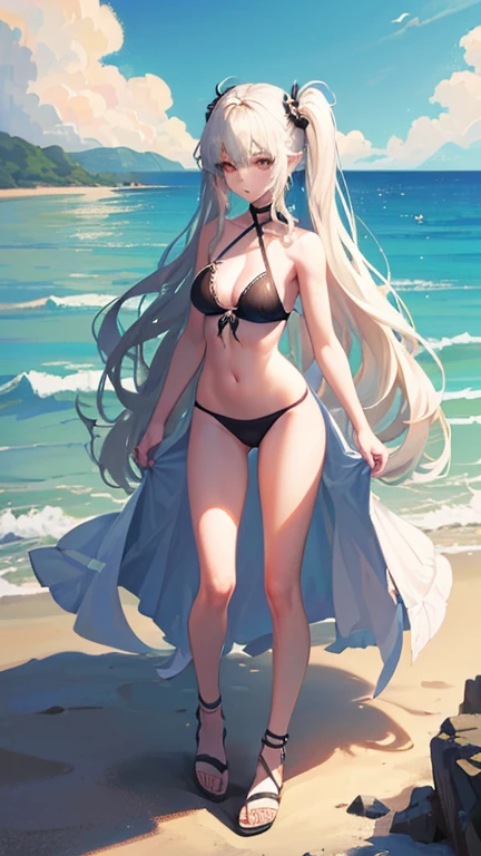 ((highest quality)), (Very detailedな), ((Very detailed)), (beautiful), ((pretty girl)),(Two Side Up Hair).,Platinum Blonde Hair,Long Hair, Hair between the eyes, Wavy Hair, Long sideburns,jade eyes, White skin,Normal breasts,slender body,cross halter bikini,sandals,At the Beach,Are standing.look camera