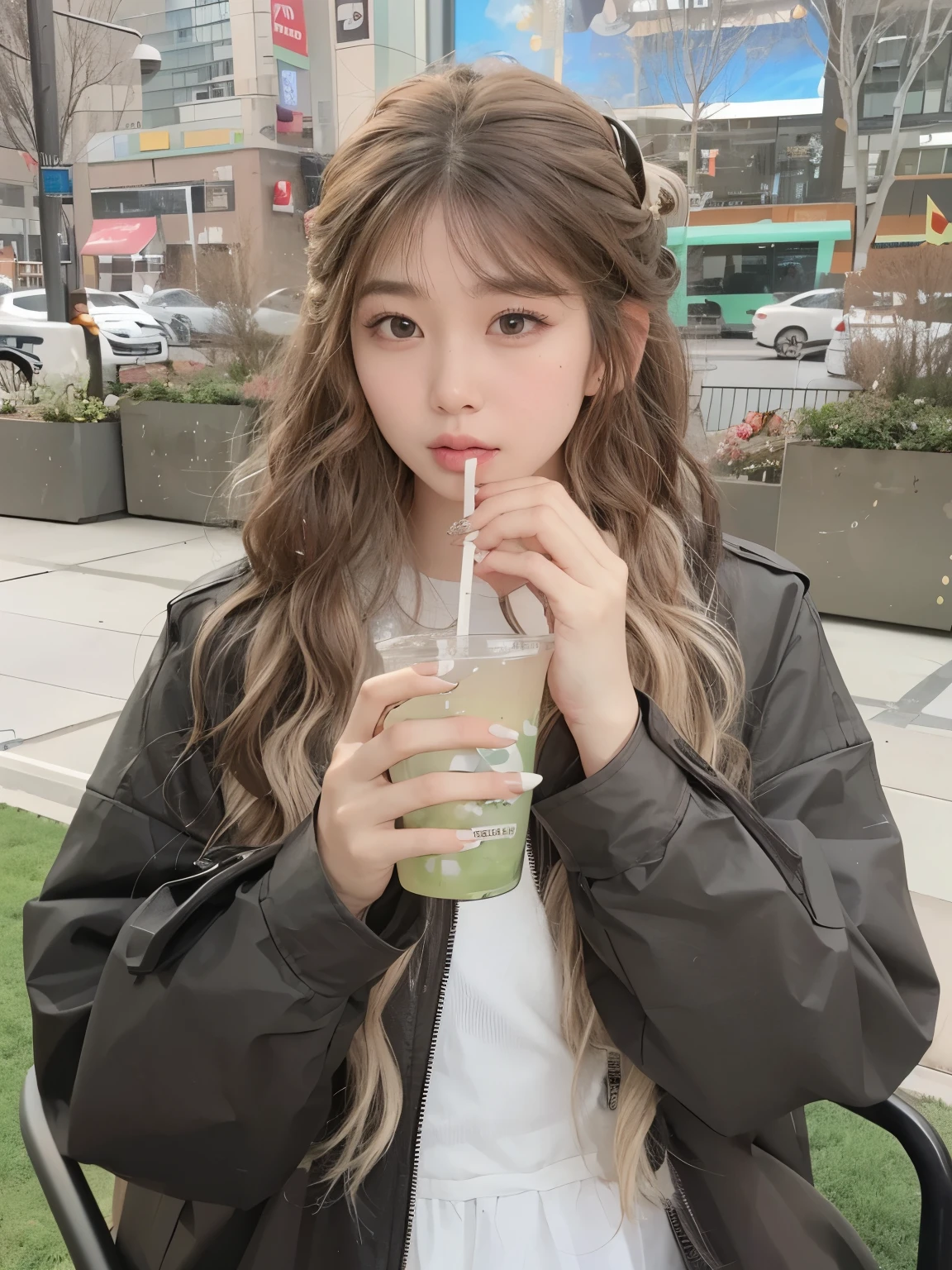 A girl taking pictures,facing the camera,Brown gradient long curly hair,Long curly hairstyle,long flowing hair,Very curly hair,Photorealism,masterpiece,best quality,high quality,fine details,Clear focus,4 k,1girl, 1 Girl,美丽的Face, Face, Divine goddess, Ultra-high resolution,(Reality:1.4),(beautiful girl:1.4),(Urzang-6500-v1.1:0.3)