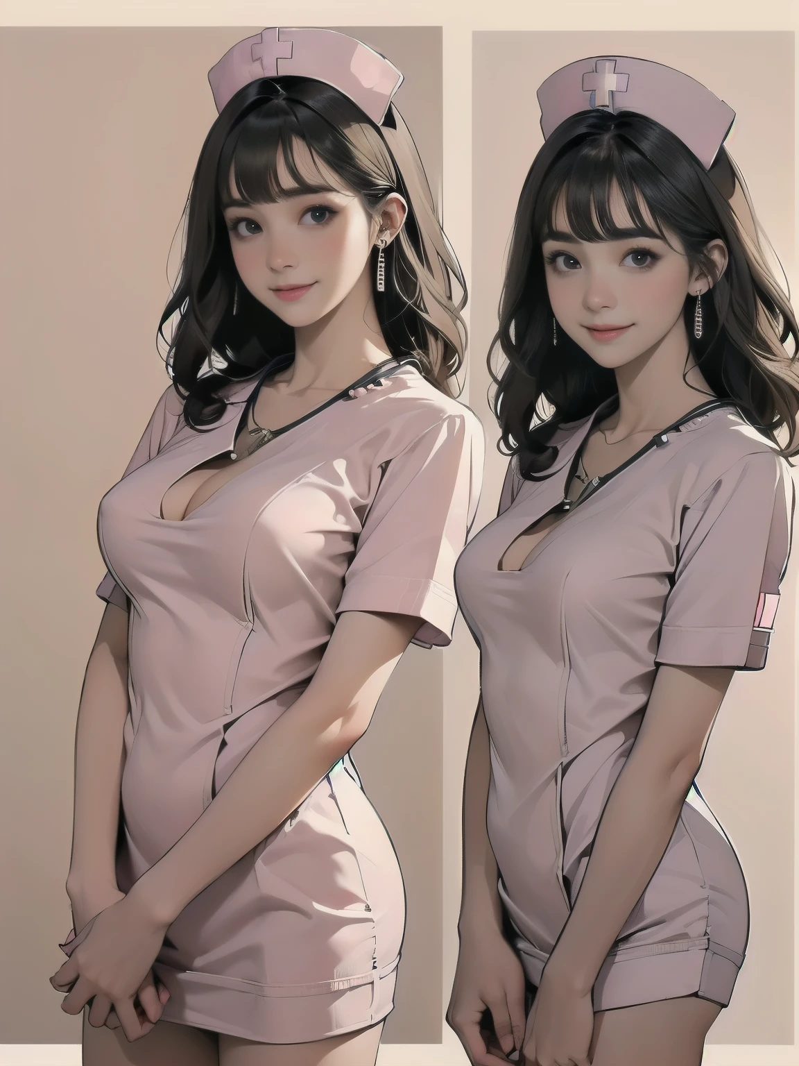 ((((highest quality))))、(((Ultra-precision CG16K wallpaper)))、(((masterpiece)))、(((Super detailed)))、(((super extreme details)))、((１Mature 24 year old woman:1.3))、((Very beautiful Japanese faceai Shiraishi:1.3))、((Soft wave semi-long hair、blunt bangs:1.5))、(Shiny brown hair)、beautiful delicate eyes、Brown eyes、high nose、small nostrils、small mouth、seductive lips、Beautiful breasts、((C cup size breasts))、Cleavage、plump body、Perfect proportions、Perfect Anatomy、Perfect composition、beautiful detailed shading、beautiful natural lighting、beautiful detail glow、Depth of written boundary、(((High chroma)))、(((Real:1.9)))、((vivid:1.5))、((beautiful skin))、((skin texture))、((Realな皮膚感))、(((Cowboy Shot:1.6)))、((Front view、Front low angle:1.5))、((shy smile:1.5))、(The woman is facing this way:1.5)、Bright daylight、Natural light、(((Examination room:1.3)))、(standing pose:1.5)、(((Nurse uniform:1.6)))、((Earrings、Wearing a necklace:1.3))、