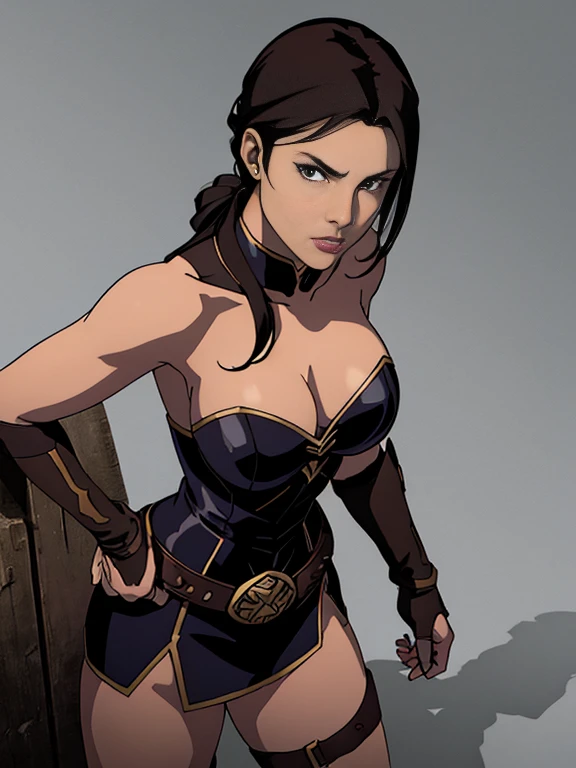 solo, russian amazoness, chinese kunoichi | Female ninja, 26 years old, statuesque, striking eyes, fit, black hair, thick muscular calves, evil, cinched tight narrow midriff, muscled large thighs, flat toned belly, metal thighhigh boots, sneaking around, fishnet shorts, armored crystal ????? plate, latex elbow gloves, long legs, tiny thin waist, lipstick, makeup, eyeshadow, full lips, cleavage, ???????????, bursting ???????, evil, high ponytail, split ponytail, Hyperrealism, Art Nouveau, Ghibli-like colours, Hyperrealism, Ghibli-like colours, Art Nouveau, from below, from outside, upside-down, rotated, dutch angle, full shot