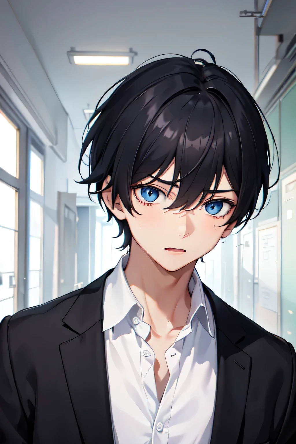 1boy,school outfit,blue eyes,black hair,scared expression,in school background
