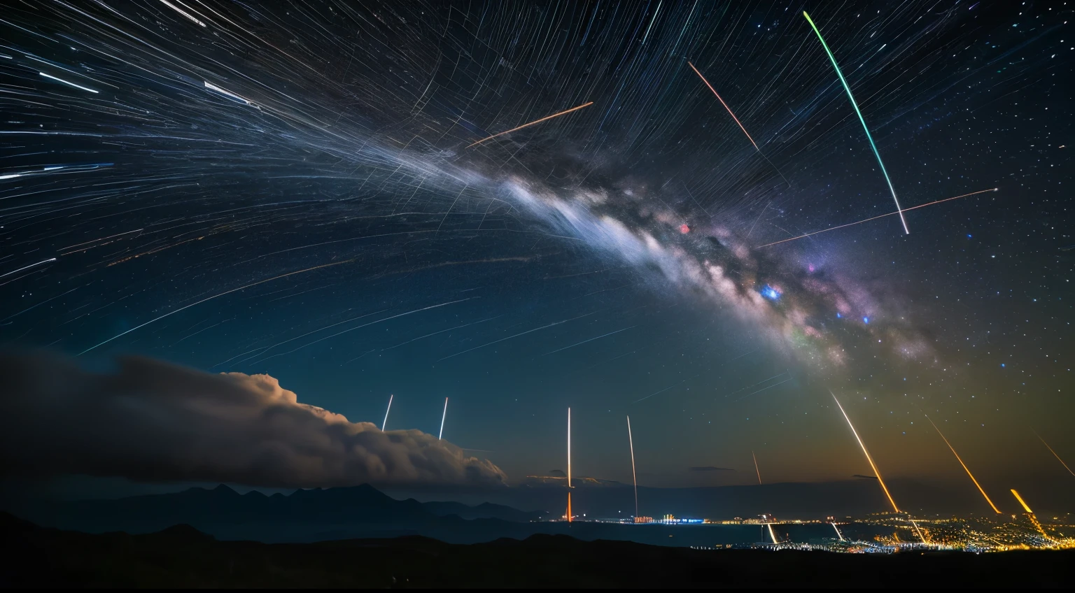 rotateする星空, 1 hour exposure star trails,(highest quality,4K,8k,High resolution,masterpiece:1.2),Very detailed,(Realistic,photoRealistic,photo-Realistic:1.37),Night Sky,performer,rotate