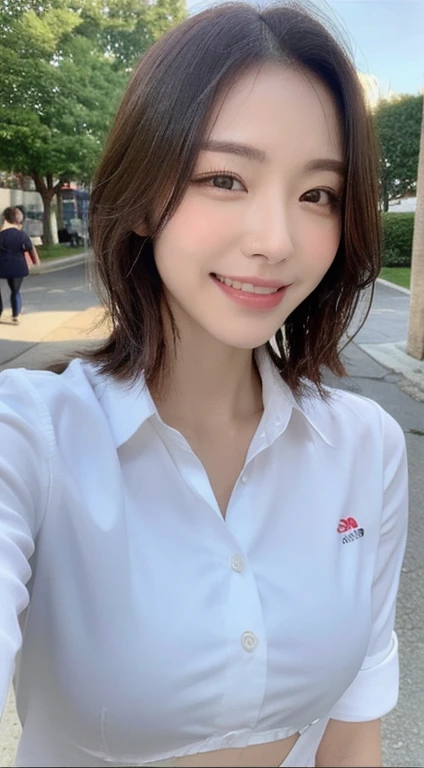 ((Best Quality, 8K, Masterpiece: 1.3)), Sharp Focus: 1.2, A Beautiful Woman with Perfect Figure: 1.4, Slim Abs: 1.2, (Layered Hairstyle,: 1.2)), (Wet White Button Long Shirt: 1.3), Rain: 1.3, Street: 1.2, Wet Body: 1.1, Highly Detailed Face and Skin Texture, Detailed Eyes, Double Eyelids, Big Breasts, Smile,