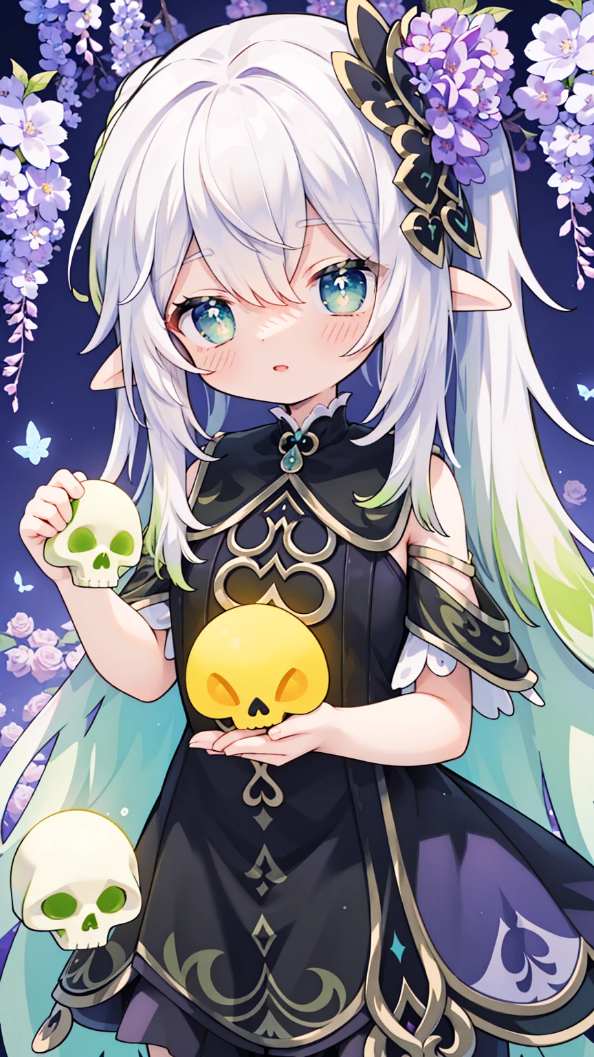 the anime girl holding a flower with some skulls, in the style of light yellow and light azure, wandering eye, mindbending murals, colorful animations, made of all of the above, playfully dark, exaggerated facial features, an anime character is holding skulls and flowers, in the style of nightcore, light yellow and light purple, shilin huang, light black and light azure, exaggerated facial features, mushroomcore, playfully dark, full dmc ep 38 'rakugan wisteria', in the style of neopop surrealism, kawaii art, light black and light azure, shilin huang, puzzlelike elements, light yellow and violet, macabre sublime, anime character with a skull and flower hair, in the style of nightcore, light beige and light azure, 32k uhd, 