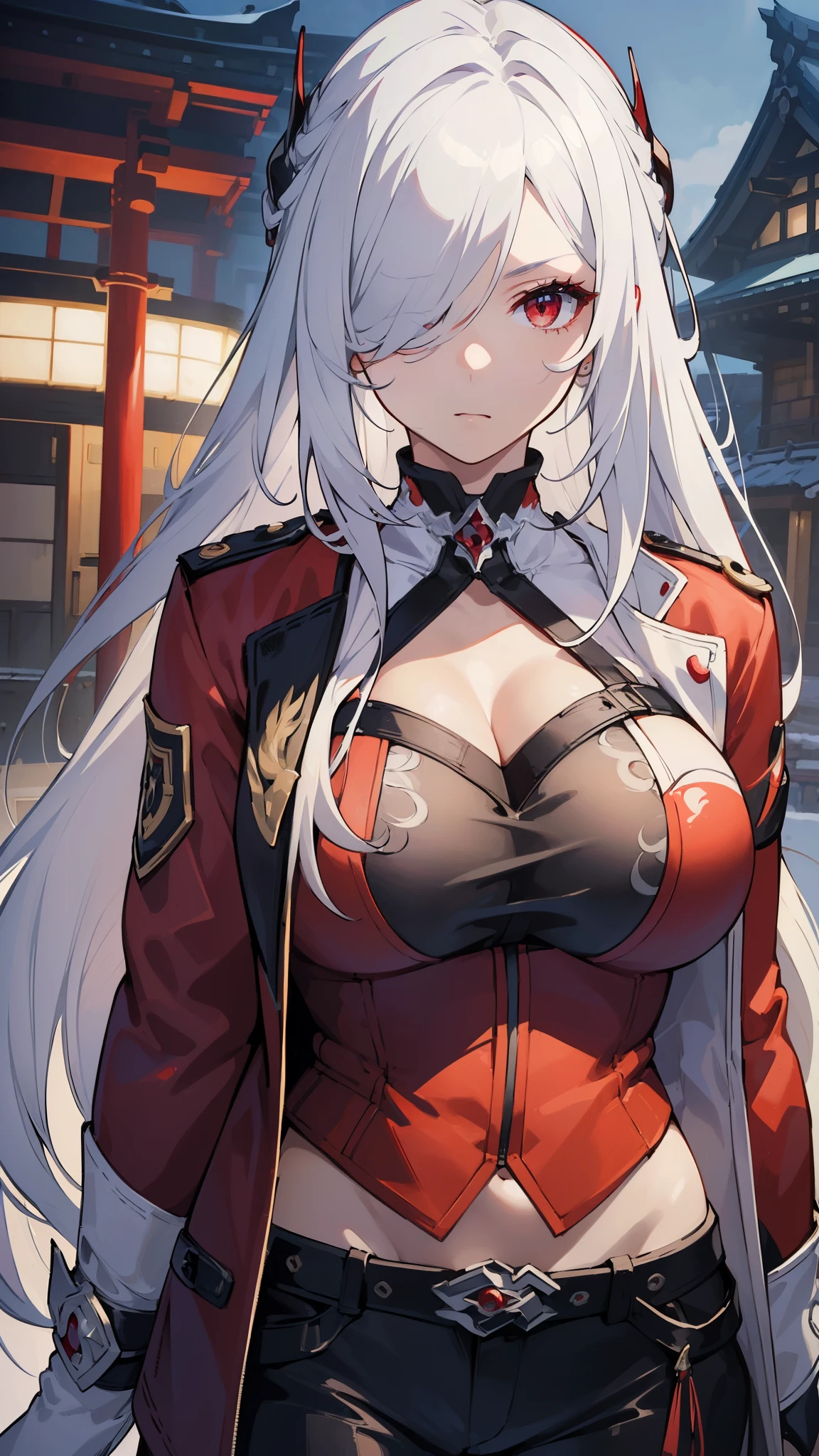 (best quality:1.3), (masterpiece:1.3), (illustration:1.3), (ultra-detailed:1.3), (mid shot:0.9), 1girl, white hair, (((large breasts))), red eye, long hair, ((hair over one eye)), serious expression, ((red jacket)), long sleeves, open clothes, long pants, mature, outdoors, alpha, Japan, Japanese, standing,