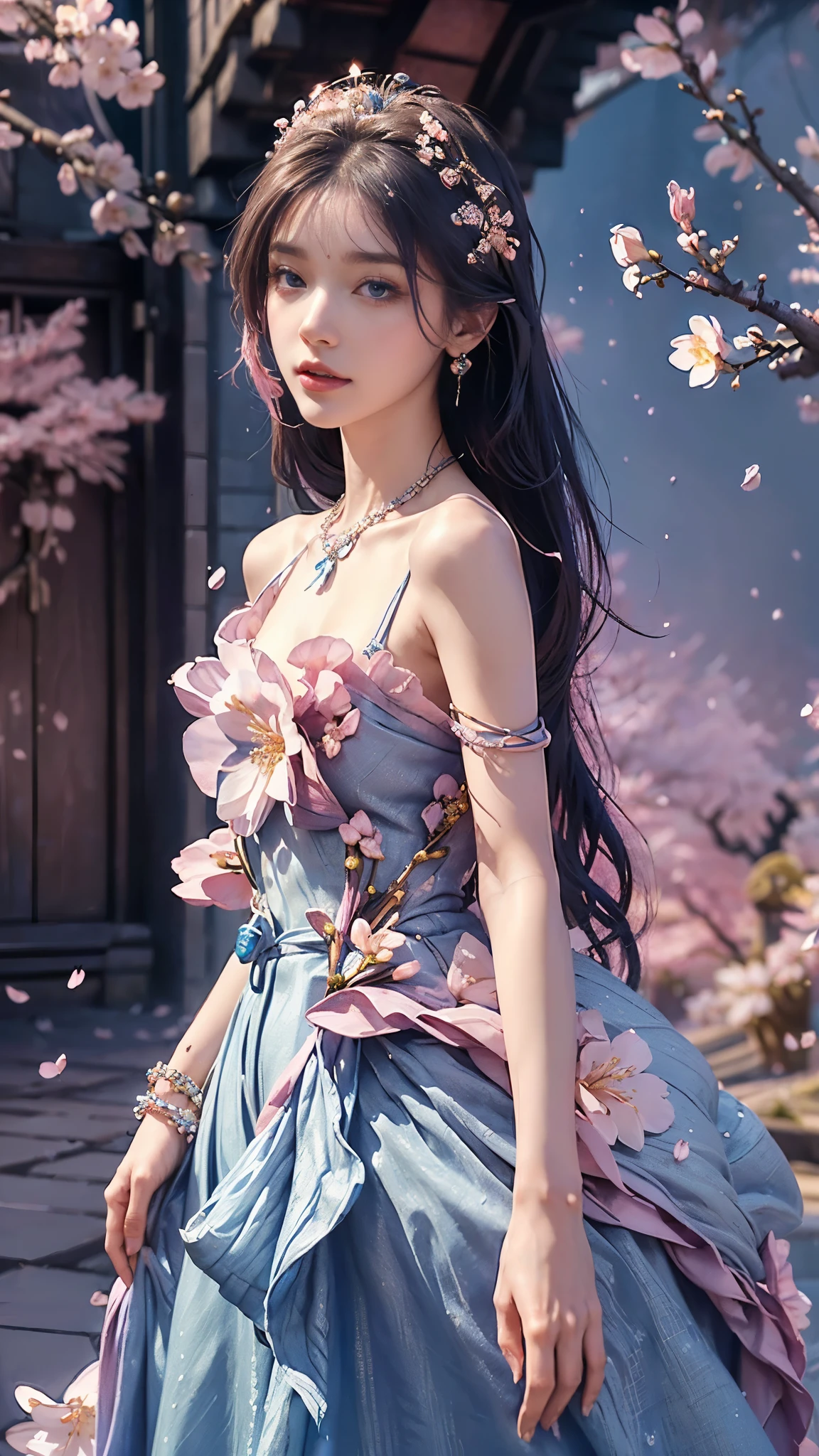 4K, Ultra HD, Masterpiece, 1 girl, good face, detailed eyes, very long hair, princess dress, blue dress, (wearing jwellery:1.8), (cherry blossom:1.5), (bloom effect:1.5), Detailed Fantasy Art, Stunning Character Art, beautiful Exquisite Character Art, Beautiful (blue dress:1.5), Extremely Detailed, Exquisite Intricate Headdress and Jewellery, perfect body,