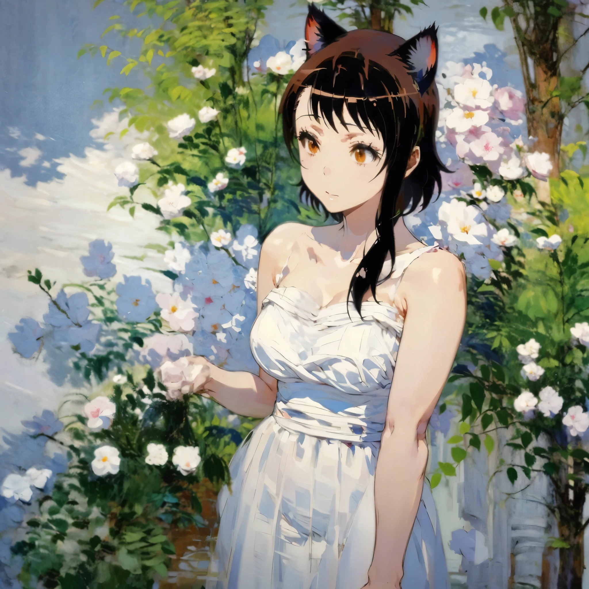 there is a woman with a white dress and a red rose in her hair, anime cosplay, anime girl cosplay, a beautiful kitsune woman, cat girl, girl black hair, onodera, 