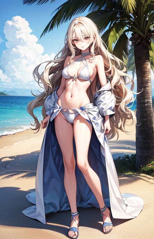 ((highest quality)), (Very detailedな), ((Very detailed)), (beautiful), ((pretty girl)),(Two Side Up Hair).,Platinum Blonde Hair,Long Hair, Hair between the eyes, Wavy Hair, Long sideburns,jade eyes, White skin,Normal breasts,slender body,cross halter bikini,sandals,At the Beach,Are standing.look camera