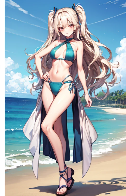 ((highest quality)), (Very detailedな), ((Very detailed)), (beautiful), ((pretty girl)),(Two Side Up Hair).,Platinum Blonde Hair,Long Hair, Hair between the eyes, Wavy Hair, Long sideburns,jade eyes, White skin,Normal breasts,slender body,cross halter bikini,sandals,At the Beach,Are standing.look camera