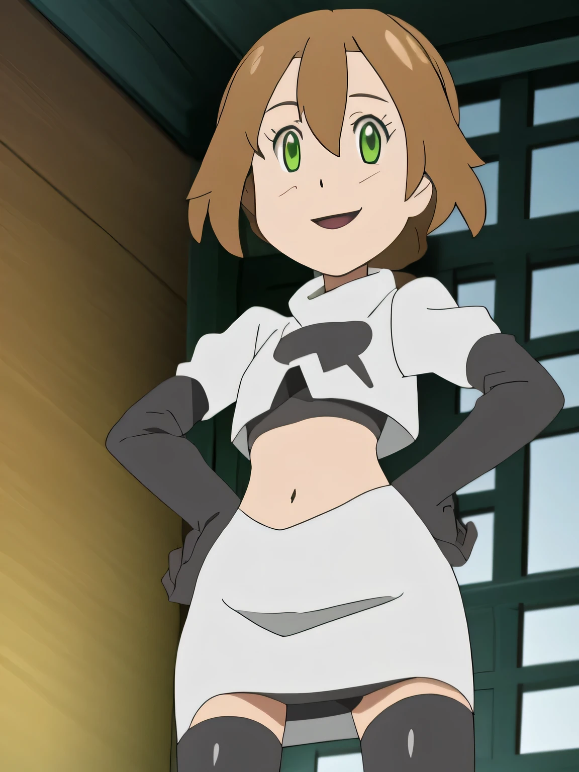 8k, masterpiece,highres, team rocket uniform, red letter r, white skirt,white crop top,black thigh-high boots, black elbow gloves, smiling, looking down at viewer, hands on hips, cowboy shot, zettai ryouiki,from below, black panties,anime style, vivid colors, sharp focus, intense lighting,towa herschel,trails of cold steel