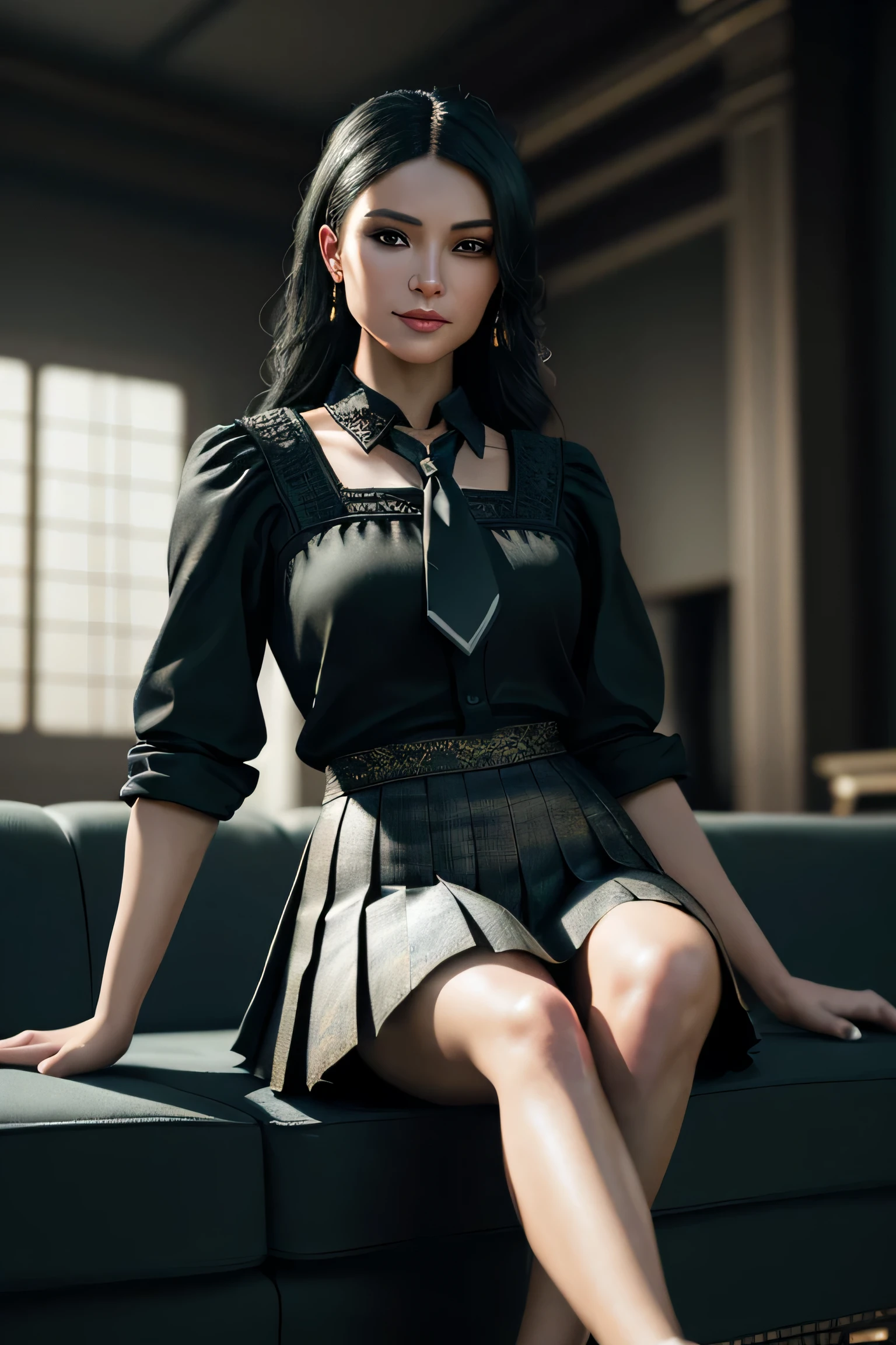(masterpiece), (extremely intricate:1.3), (realistic), portrait of a girl, dark fantasy, (dynamic perspective), the most beautiful in the world, sitting on the couch, (kicking viewers), indoors, from below, shirt, tie, pleated skirt, high-heeled sandals, Kure, Hiroshima, professional photograph of a stunning woman detailed, sharp focus, dramatic, award winning, cinematic lighting, octane render unreal engine, volumetrics dtx, (film grain, blurry background, blurry foreground, bokeh, depth of field), smirk, Haifa