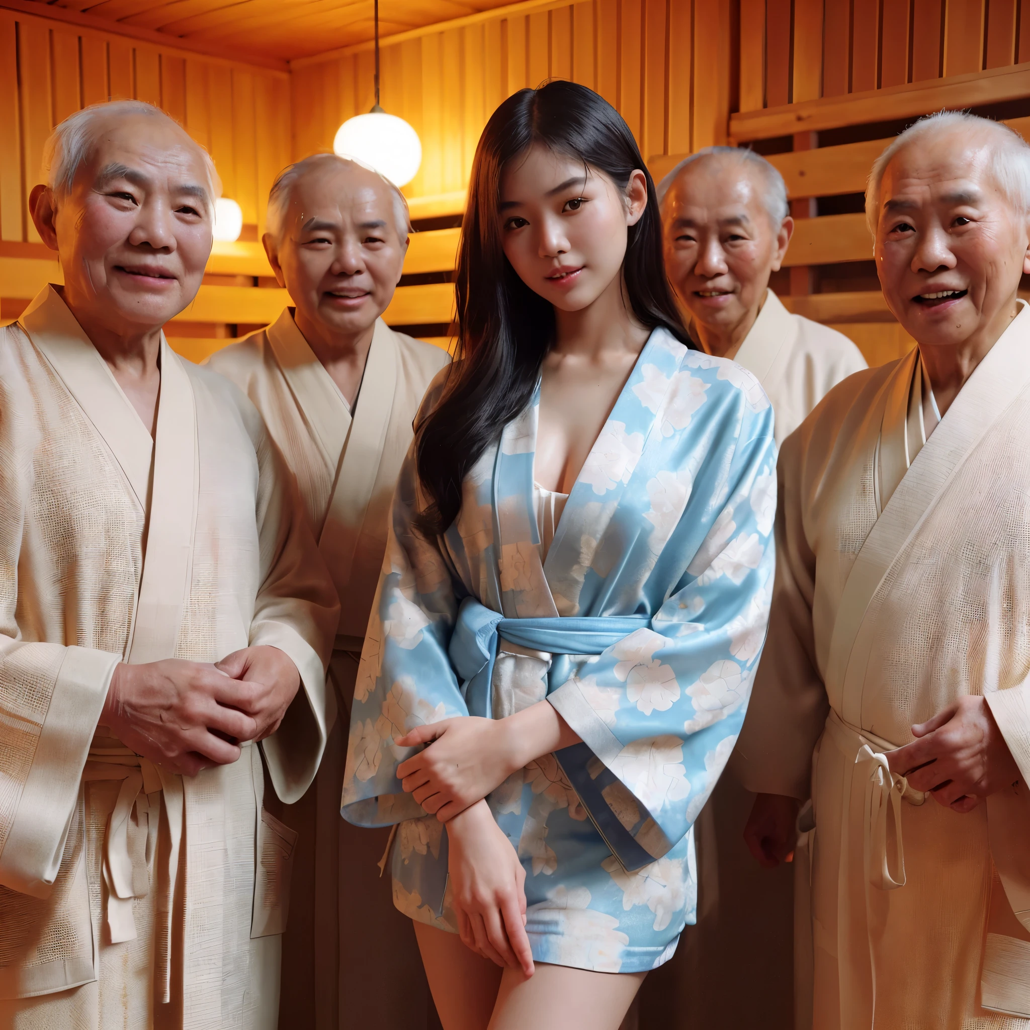 8k Uhd,DLSR,Film Grain, Fujifilm XT3,(Best Quality:1.3), (Masterpiece:1.1), High Resolution, Cinematic Light, Intricate Details, (Photorealistic) at a sauna facility, a pretty indonesian malay young girl wearing short kimono, she is standing in the middle, she holds & surrounded by happy chinese old aged men wearing kimono & towel, serene atmosphere