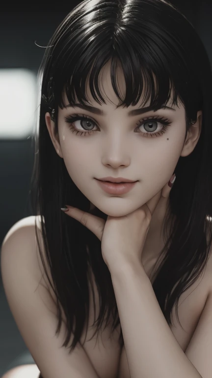 Ultra realistic, 16k, high quality, one evil naked well lit girl, succubus aesthetic, dream aesthetic, long black hair, cute bangs on the forehead, black evil eyes, bright evil eyes look, perfect nose, evil smile, pale-grey skin, grey skin, flushed cheeks, natural detailed , showing natural medium breasts, narrow waist, big hips, hot big vagina, hot sexy legs, perfect feets, creepy aesthetic, 19 years old, (beautiful natural body), professional photography of a naked woman detailed, sharp focus, dramatic, award-winning, cinematic lighting, dream aesthetic, volumetric dtx, (film grain, creepy dark school laboratory background, blurred foreground, Bokeh, depth of field, motion blur:1.3), evil cute model.