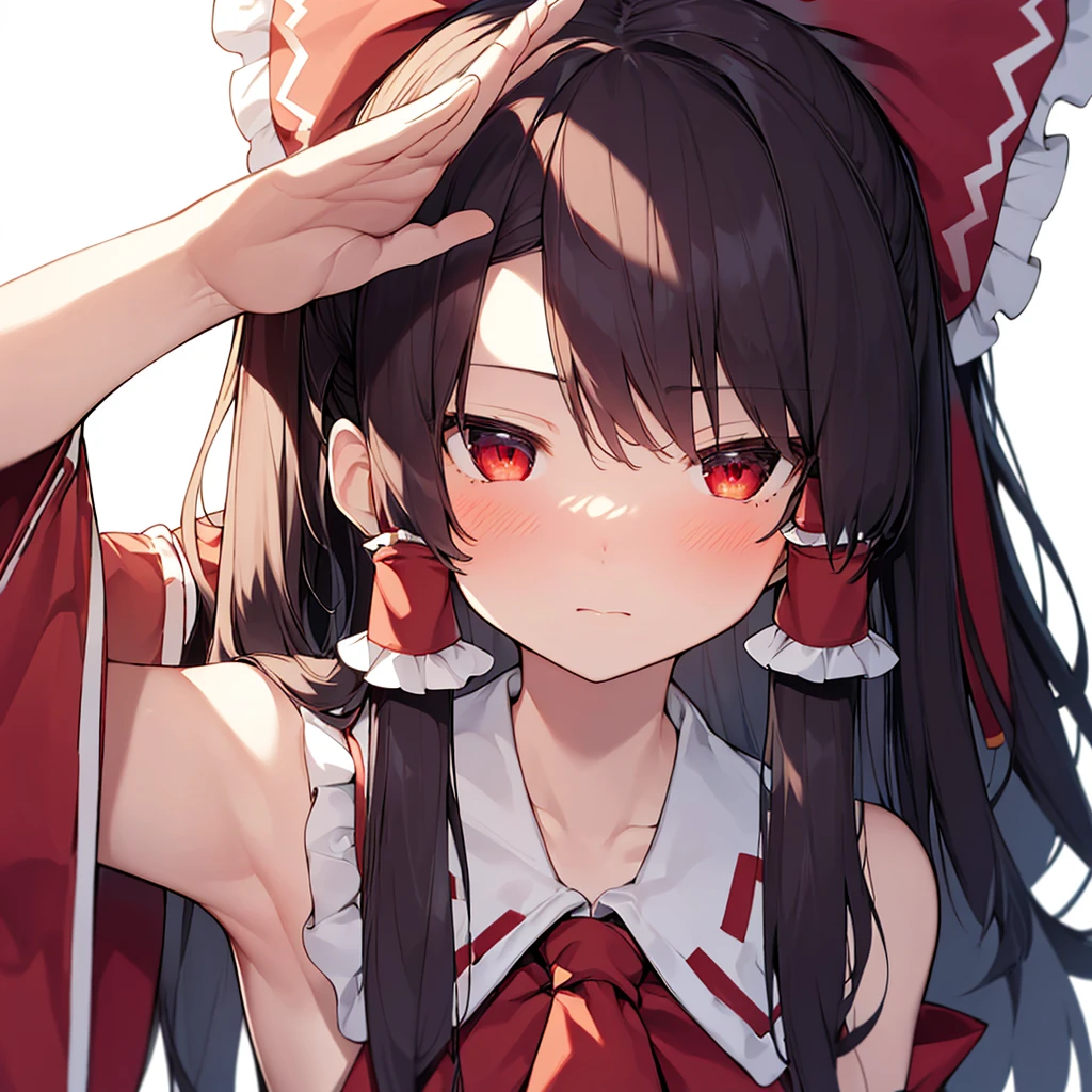 Pov, front face shot, ((salute 1 hand )), girl, seriously, (masterpiece, best quality, ultra detailed), expressionless face, stand, royal bedroom background (professional lighting, ultra hd, absurdres,  ), ((  Reimu   )), 