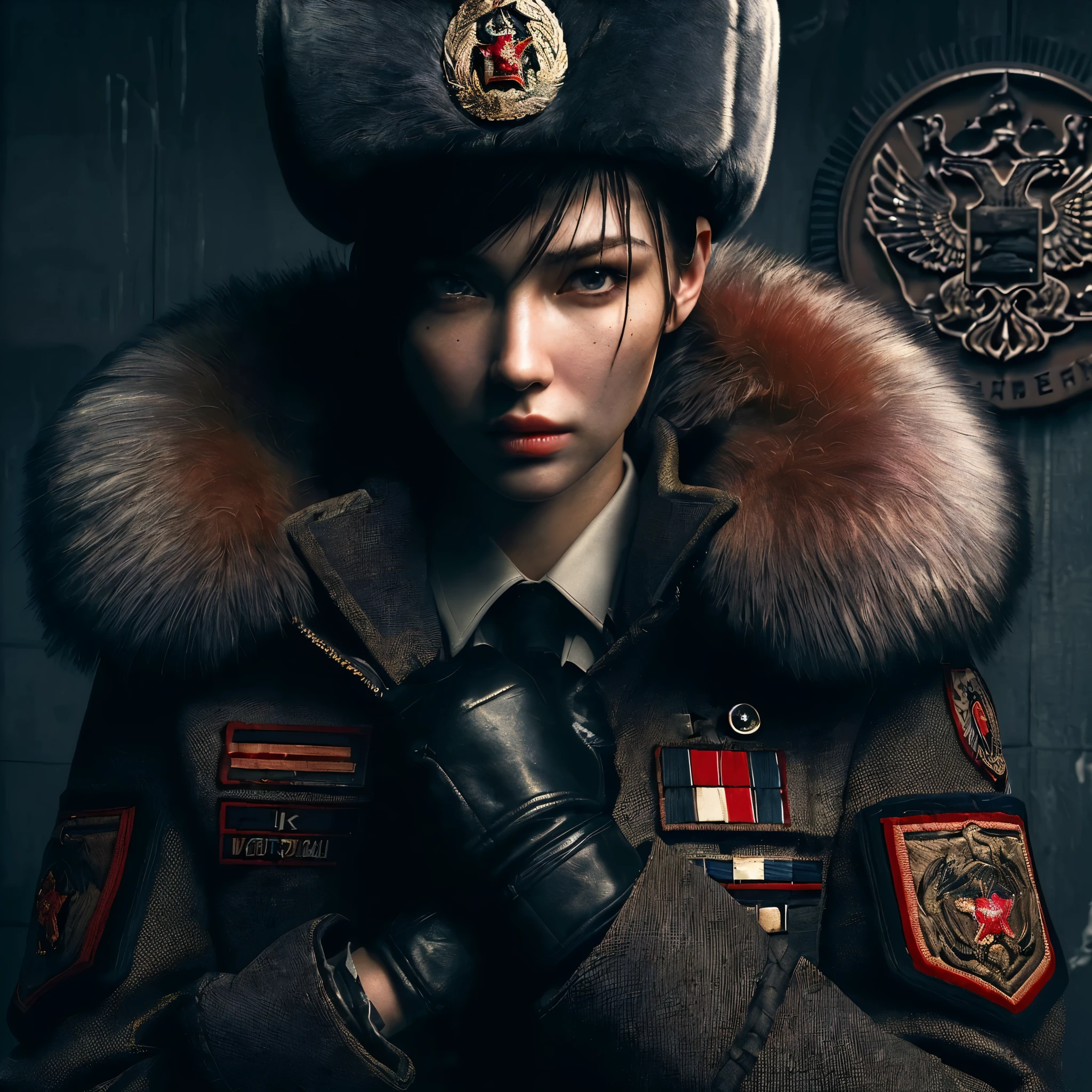 ((very sharp photo result & detailed face)) (((textile shading))), (((Best Quality))), (((masterpiece))), (((hyper realistic photo))) dark backlight shade full body shoot a tall girl with short red slick back hair wearing military top general suit full badge with general hat, posing on military bureau with military ornament at wall background, gritty atmosphere,4K, perfect
