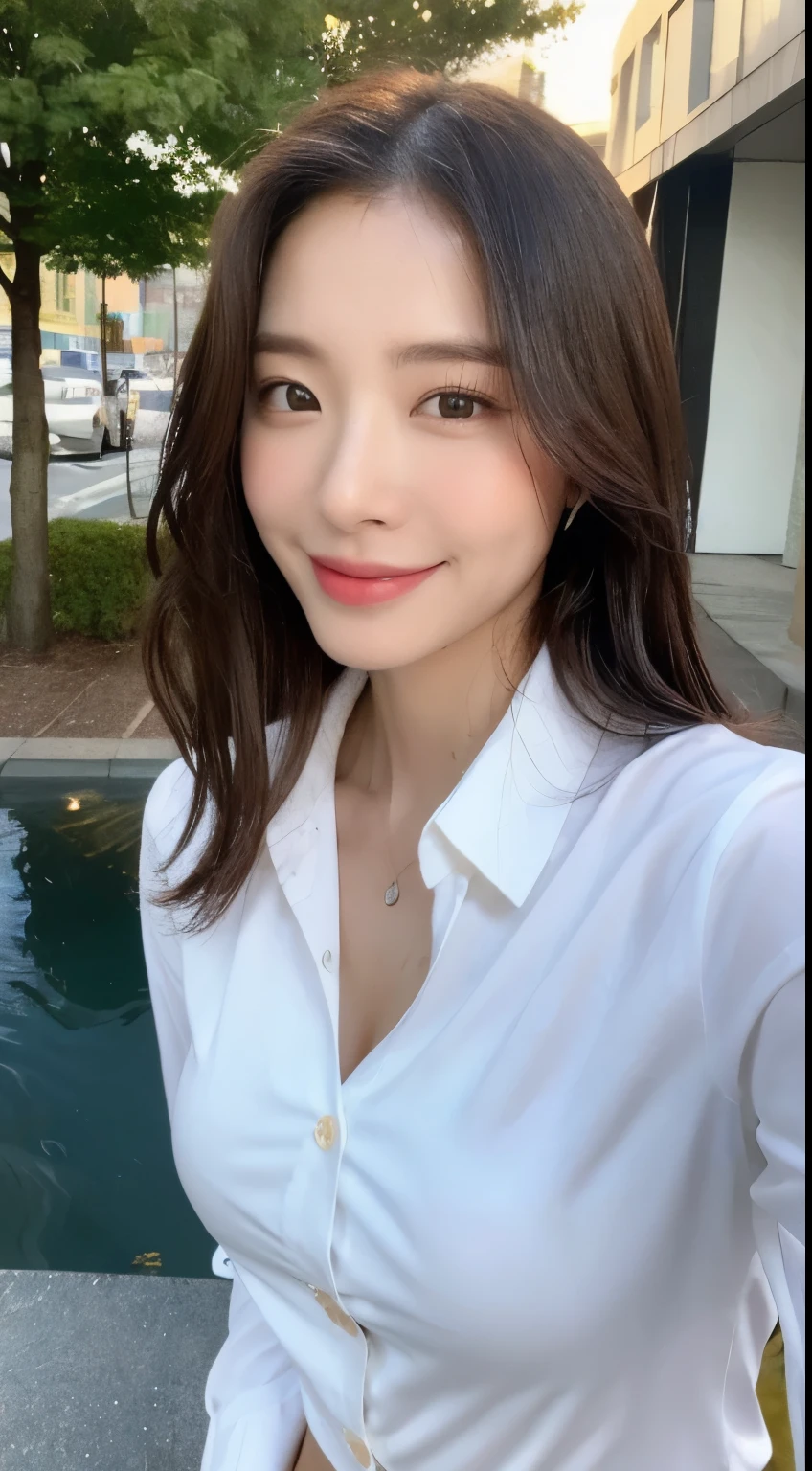 ((Best Quality, 8K, Masterpiece: 1.3)), Sharp Focus: 1.2, A Beautiful Woman with Perfect Figure: 1.4, Slim Abs: 1.2, (Layered Hairstyle,: 1.2)), (Wet White Button Long Shirt: 1.3), Rain: 1.3, Street: 1.2, Wet Body: 1.1, Highly Detailed Face and Skin Texture, Detailed Eyes, Double Eyelids, Big Breasts, Smile,