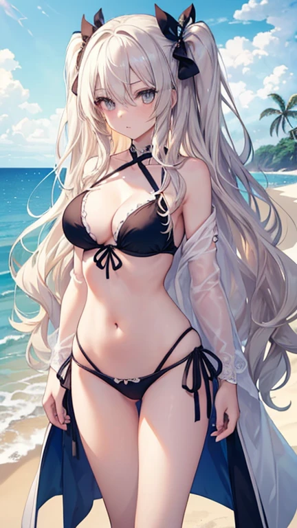 ((highest quality)), (Very detailedな), ((Very detailed)), (beautiful), ((pretty girl)),(Two Side Up Hair).,Platinum Blonde Hair,Long Hair, Hair between the eyes, Wavy Hair, Long sideburns,jade eyes, White skin,Normal breasts,slender body,cross halter bikini,sandals,At the Beach,Are standing.look camera