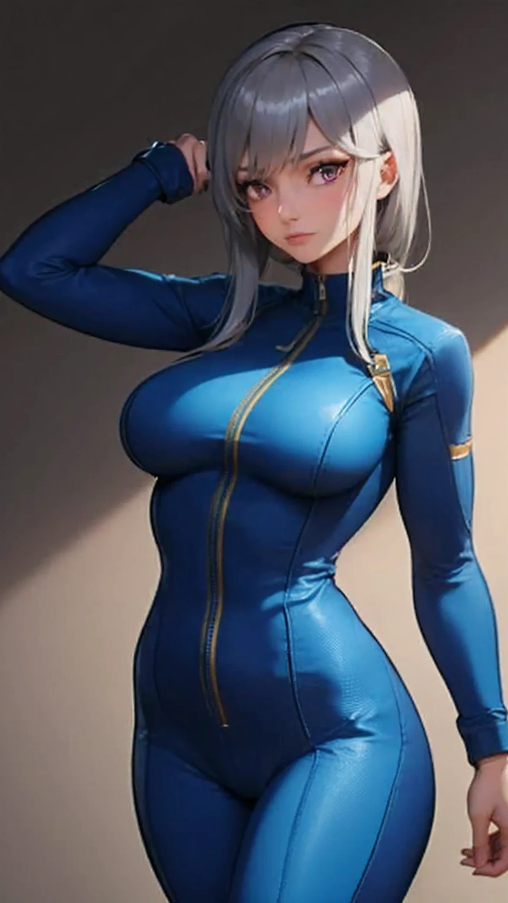 high quality, 4k, best detailed, shadow and light, 1girl, wearing blue vault dweller suit, fallout, sexy jumpsuit, fallout jumpsuit, long grey hair and dark red eyes, sexy body, open chest