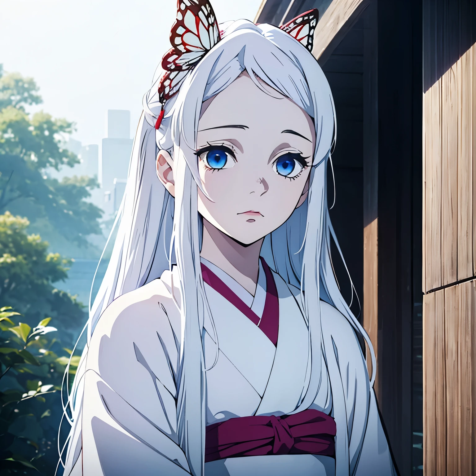 (1 girl), White hair, (long straight hair), beautiful girl, blue eyes, white kimono, face focus, closed mouth , outside, red cheek, (shy), day time, half-up, half-down hairstyle, one butterfly hair pin,