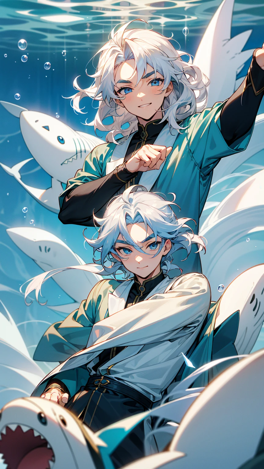 One charming anime good boy, boasting handsome blue eyes, neatly arranged eyebrows, and white, wavy hair. He flashes a captivating smile and gazes at us, his porcelain-like skin unmarred by imperfections. Surrounded by an entourage of adorable sharks and bubbles, his modesty remains intact as his clothing conceals his body from view.