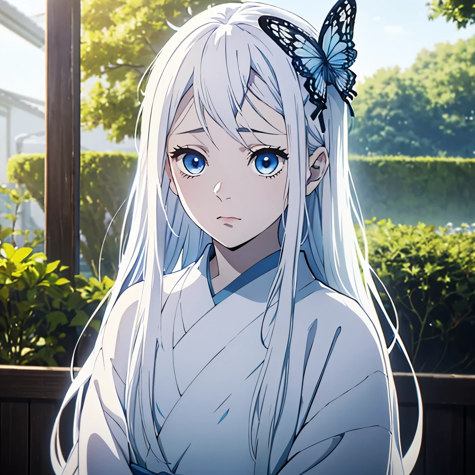 Anime girl with long white hair and blue eyes in a white kimono - SeaArt AI