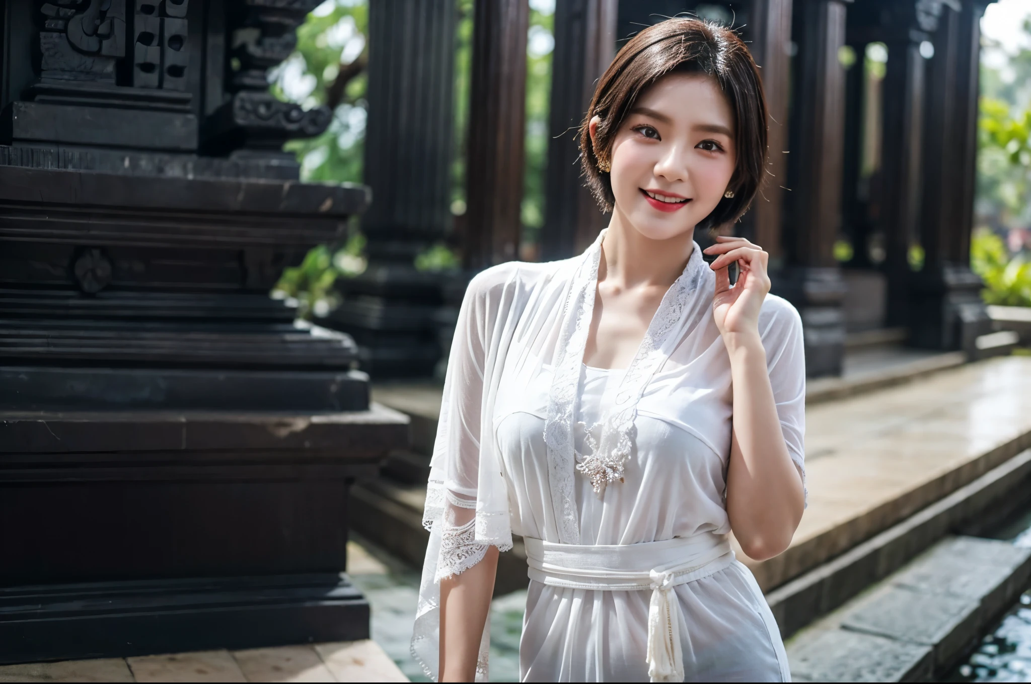 Indonesian girl with short hair is sweating and poses with a charming, sexual smile wearing tight traditional Javanese clothes, a transparent black and white shawl and has big breasts outside the temple, the aesthetic background is gray and there are stones, the photo is cinematic and very detailed