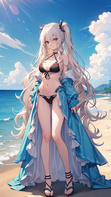 ((highest quality)), (Very detailedな), ((Very detailed)), (beautiful), ((pretty girl)),(Two Side Up Hair).,Platinum Blonde Hair,Long Hair, Hair between the eyes, Wavy Hair, Long sideburns,jade eyes, White skin,Normal breasts,slender body,cross halter bikini,sandals,At the Beach,Are standing.look camera