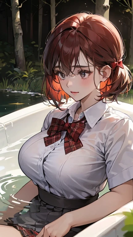 (in the dark:1.6) , big breasts , big tits , school girl Soak in water , skirt dark red , plaid skirt , pleated skirt , red knot , red bow , school girl in an forest