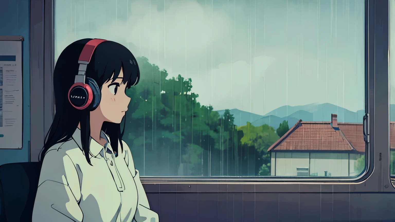 25 year old girl, listening to music in her headphones, beautiful rainy landscape outside the bus window, lofi style, ghibli style, long black hair, 4k definition, profile view, looking at the horizon, big headphones.
