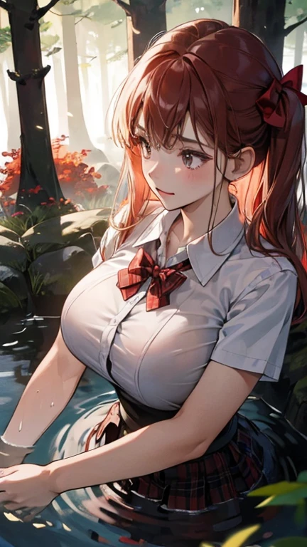 (in the dark:1.6) , big breasts , big tits , school girl Soak in water , skirt dark red , plaid skirt , pleated skirt , red knot , red bow , school girl in an forest