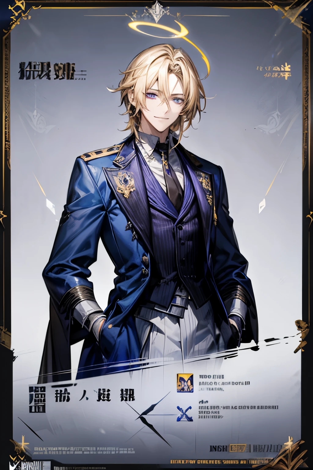 Masterpiece, solo, Handsome, 1 male, dark blue coat yellow tip, white shirt, black tie, blonde hair, purple eyes, smile facial, halo, arknights