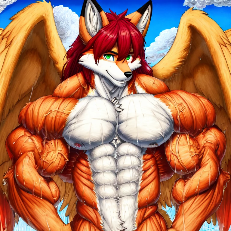 (masterpiece, Best quality:1.2), fox, body covered with hair, Fluffy style,sexual,horny,very muscular wild ,full height,sinewy massive muscles, very long red hair,freckles on the body and face,green eyes,certain muscles,wet body from sweat, Very tanned skin,sharp focus, young , friendly,Angel wings, stands high, no background