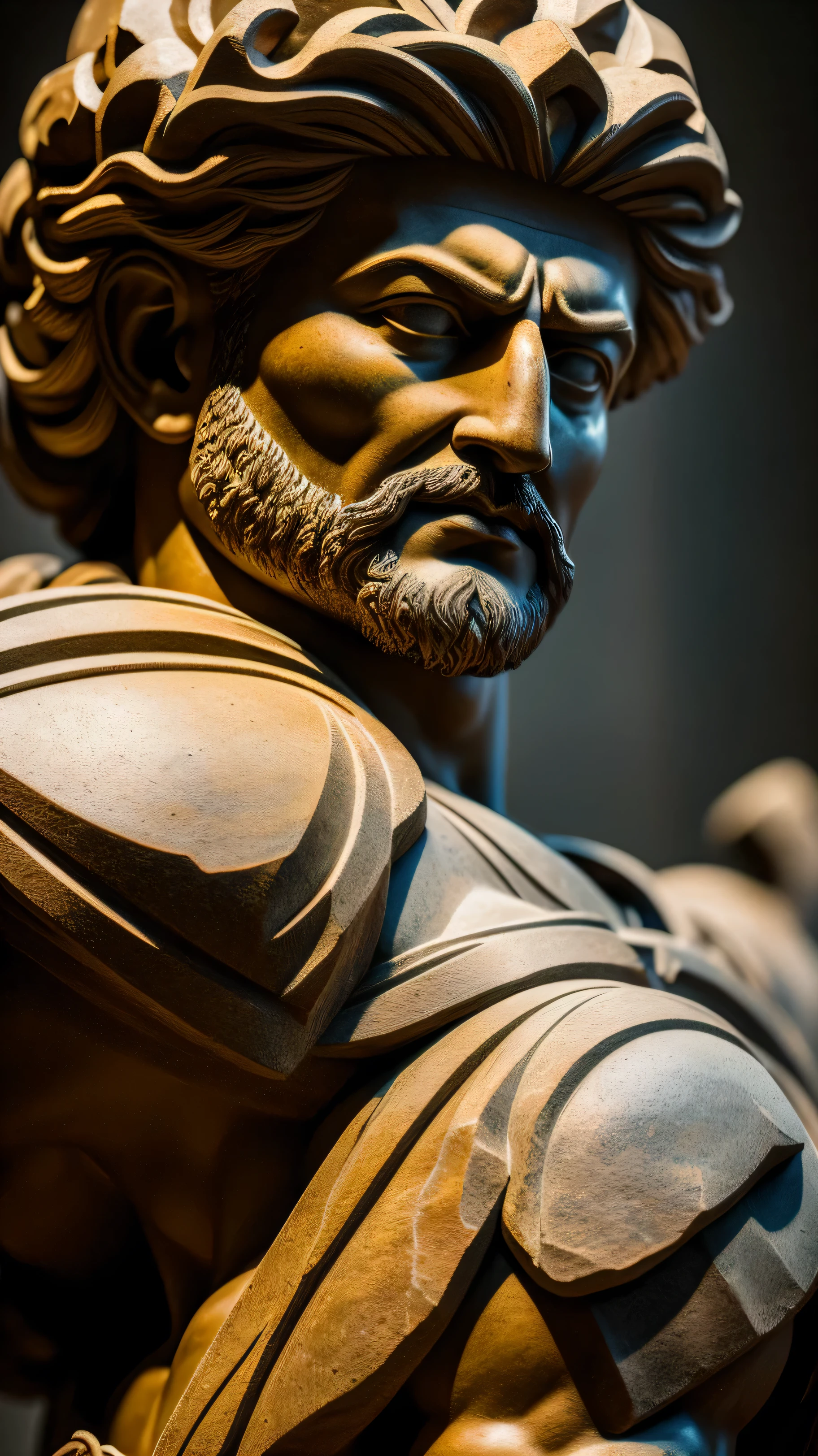 An intricately detailed ancient stoic sculpture, crafted with weathered stone, showcases the unyielding strength and resilience of the depicted character. His powerful muscles are subtly defined, conveying a sense of unbreakable toughness. The sculpture's weathered surface and stark contrasts create an aura of timeless wisdom, with every crevice and texture illuminated under the soft, cinematic lighting that spotlights the intricate artwork. The overall composition is a masterful fusion of history, artistry, and raw, unyielding power. 8K, high resolution, sculpture, stoic, strength, intricate, high detail, cinematic lighting