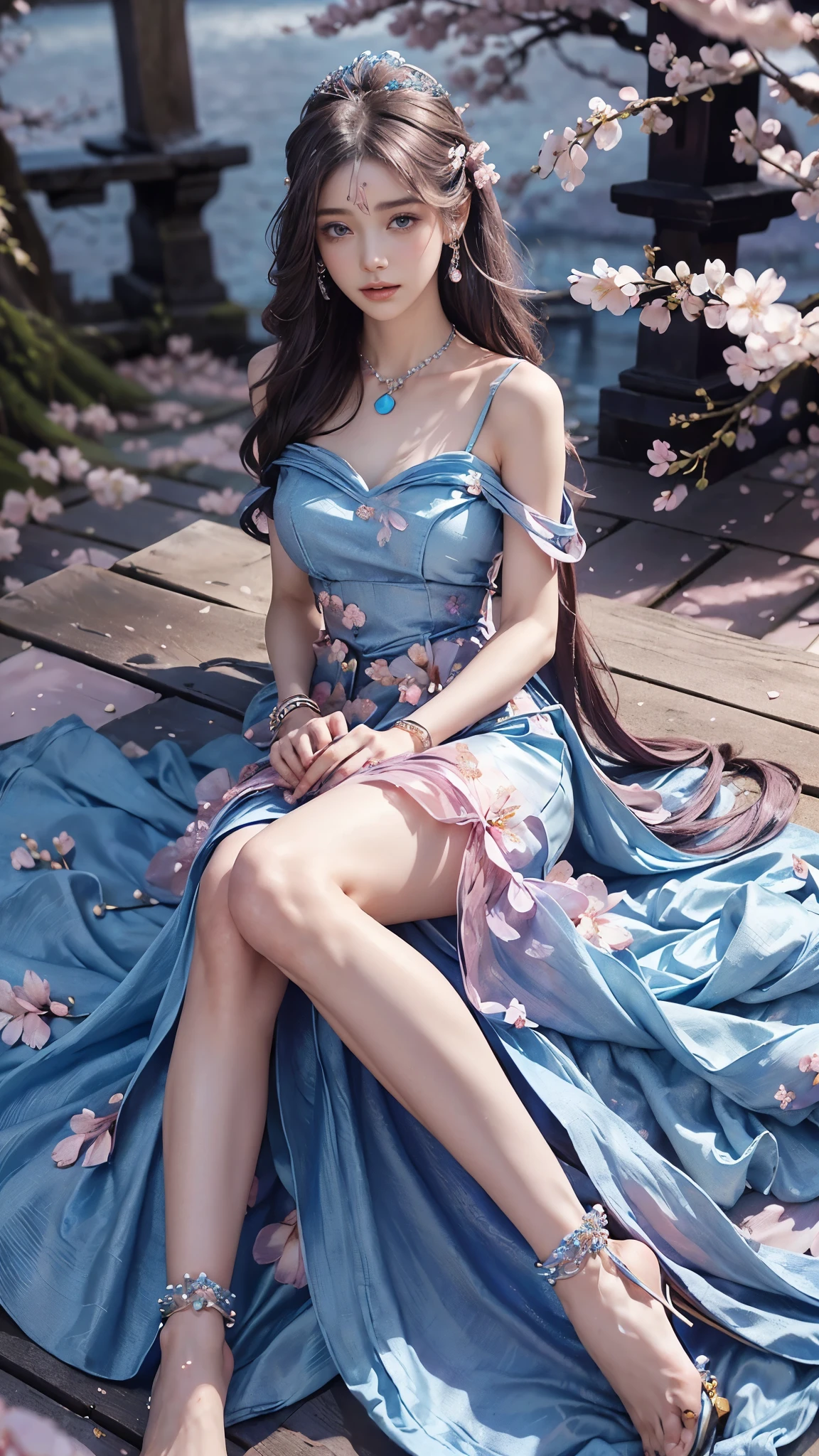 4K, Ultra HD, Masterpiece, 1 girl, good face, detailed eyes, very long hair, princess dress, blue dress, (wearing jwellery:1.8), (cherry blossom:1.5), (bloom effect:1.5), Detailed Fantasy Art, Stunning Character Art, beautiful Exquisite Character Art, Beautiful (blue dress:1.5), Extremely Detailed, Exquisite Intricate Headdress and Jewellery, perfect body, sitting,