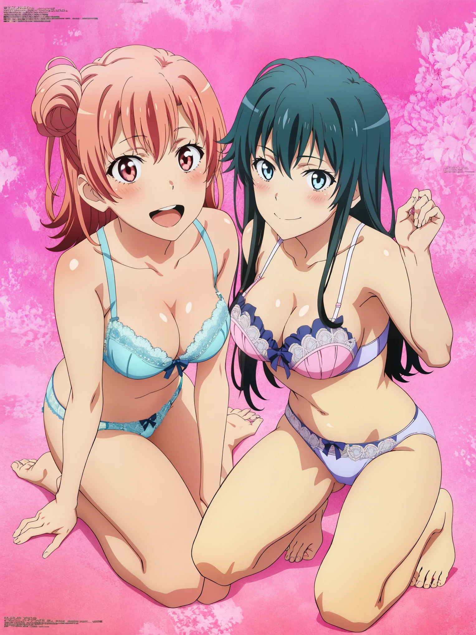 2 girls , Yukinoshita Yukino , yuigahama yui , sit, In underwear,Pink is good、Pink lace panties,Light Blue Bra,Light blue lace panties,Pussy Line,Thighs,knee calf,only,The body is frontal,Low - Angle,Open your mouth,embarrassing smile,blush,Looking at the camera,megami magazine,No background,