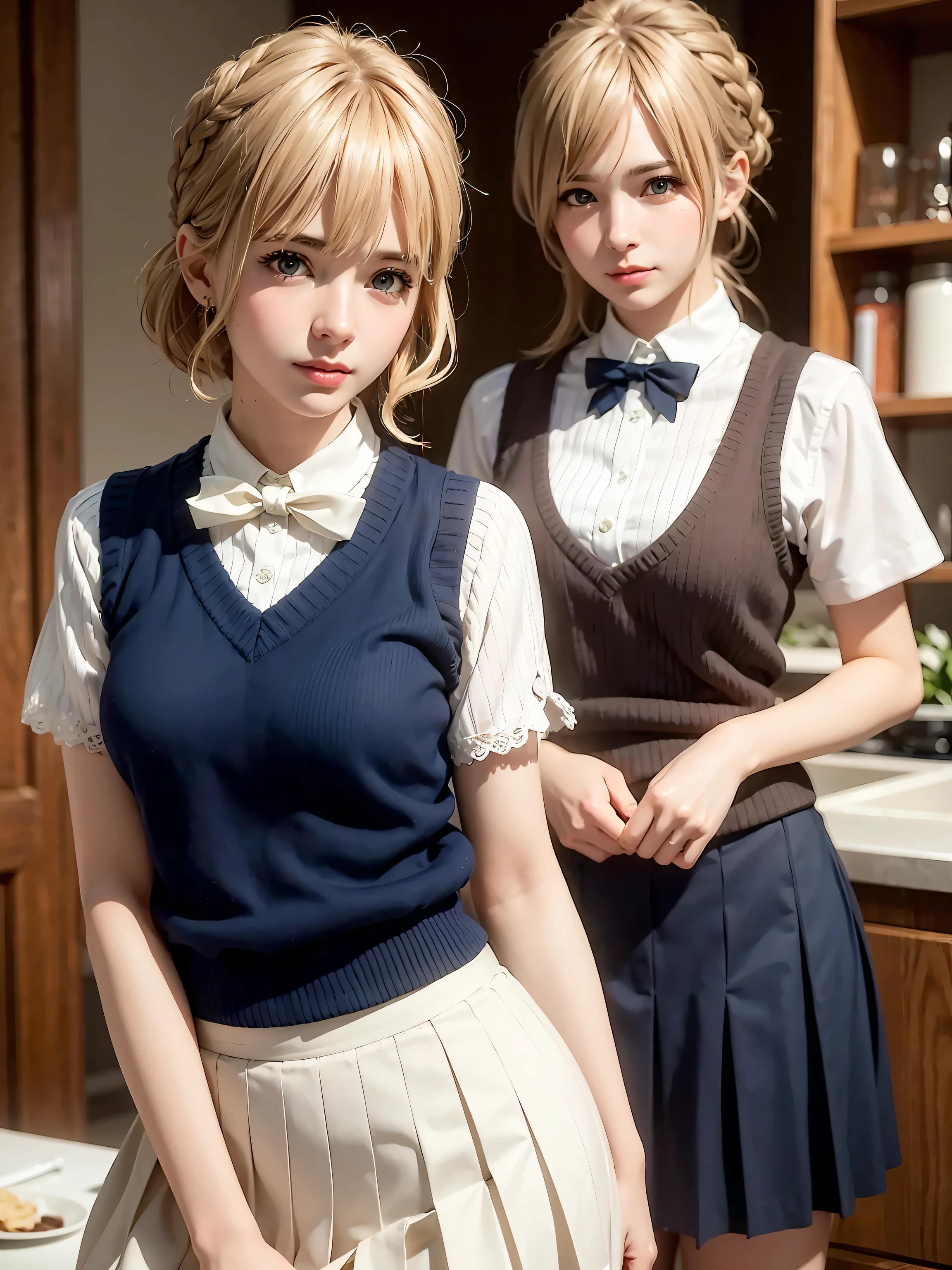 (masterpiece:1.2, highest quality), (realistic, photorealistic:1.4), beautiful illustrations, (natural side lighting, movie lighting), Depth of written boundary,
looking at the viewer, (face focus, Upper body), Front view, 1 girl, English, high school girl, , perfect face, Cute symmetrical face, shiny skin,
(bob hair:1.7,blonde), asymmetrical bangs, Big eyes, droopy eyes, long eyelashes chest), thin,
beautiful hair, beautiful face, fine and beautiful eyes, beautiful clavicle, beautiful body, beautiful breasts, beautiful thighs, beautiful feet, beautiful fingers,
((fine fabric texture, Brown knitted vest, short sleeve white collar shirt, navy pleated skirt, Navy bow tie)),
(beautiful scenery), evening, (Inside the flower shop), Are standing, (smile, Upper grade, open your mouth), (((skirt lift, I can see your panties))),