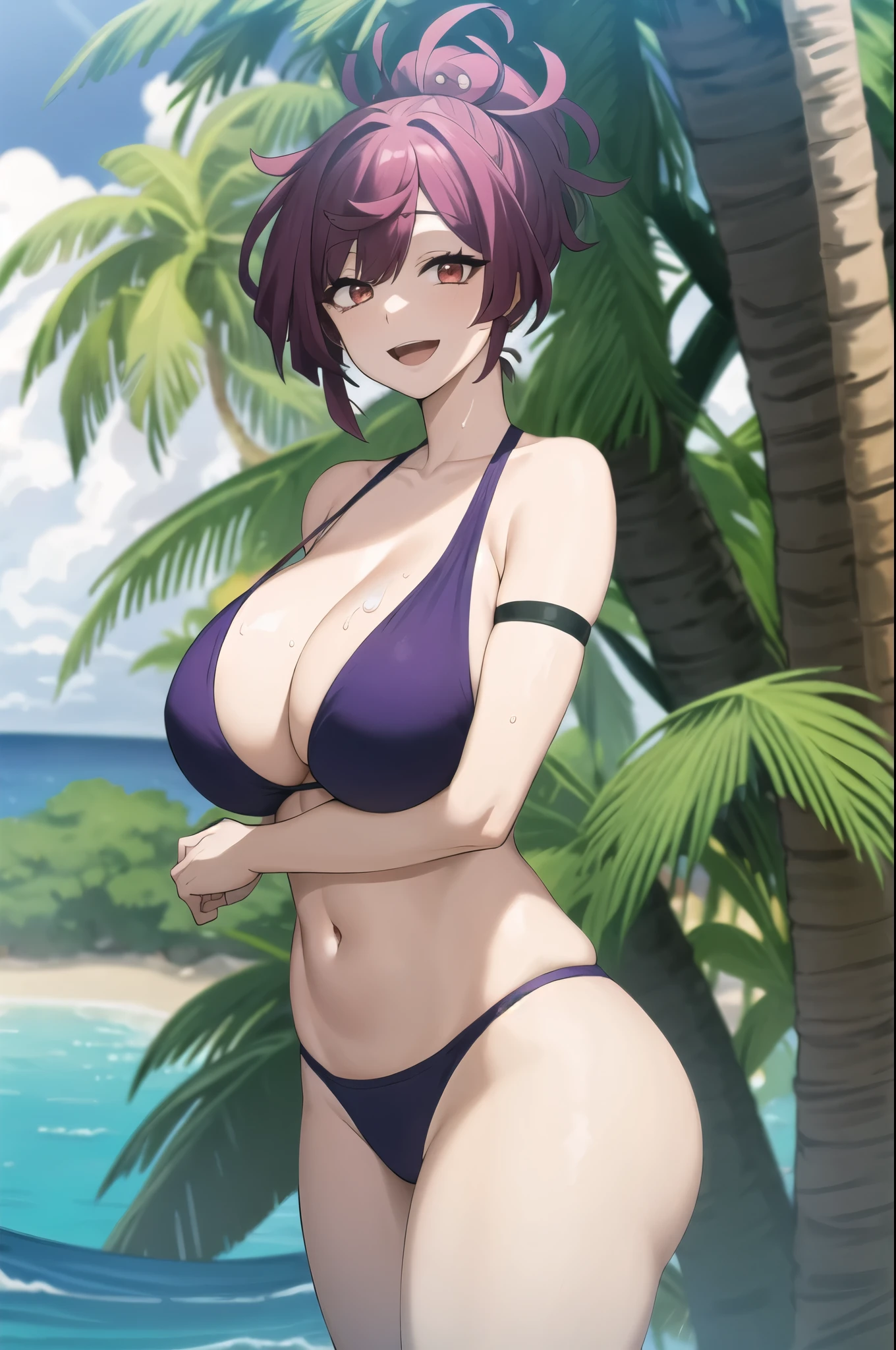 best quality, (masterpiece:1.2), highly detailed, sunny, beach, ocean, water, sand, waves, palm trees
1girl, solo, Yuzuriha,
looking at viewer, large breasts, smile, open mouth,
red eyes, purple hair, ponytail, cleavage, purple bikini, curvy, wet, huge breasts, thick thighs, big ass