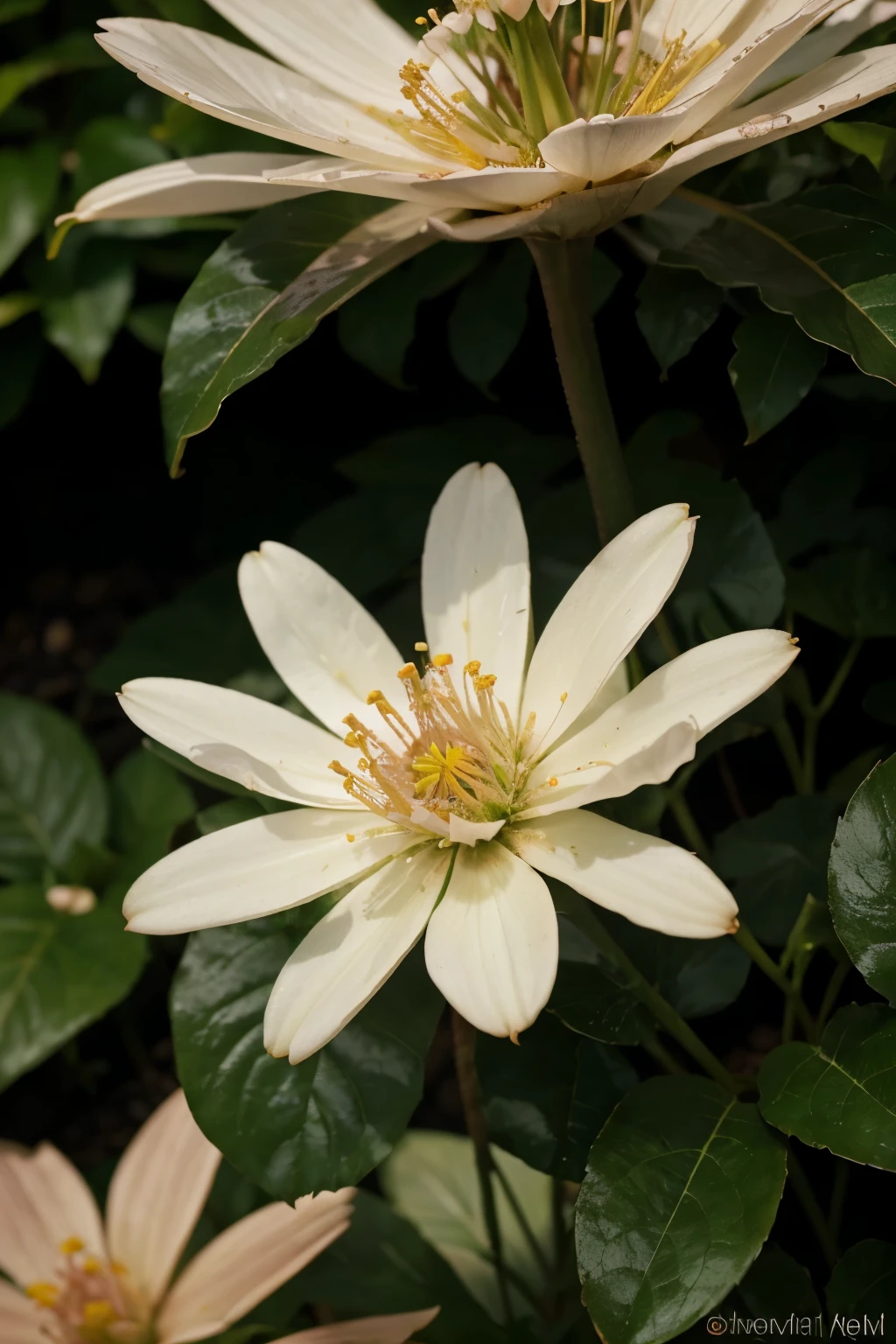 The image depicts a serene and vibrant outdoor scene. In the foreground, a delicate white flower is in bloom, its petals contrasting beautifully with the lush green foliage surrounding it. The flower appears to be a jasmine or a similar fragrant blossom, adding a touch of natural elegance to the environment.
The background is slightly blurred, creating a sense of depth and focus on the flower. The pink and earthy tones of the surface beneath the plant suggest a cozy, intimate setting, perhaps a backyard or a secluded corner of a garden.
The overall impression is one of tranquility and natural beauty. The combination of the verdant leaves, the striking white flower, and the warm tones of the background creates a sense of harmony and balance. The image invites the viewer to pause, take a deep breath, and appreciate the simple, yet captivating, beauty of nature.
The attention to detail and the careful composition of the scene suggest a skilled photographer's eye, capturing a fleeting moment of natural grace and serenity. This image could be a source of inspiration, a moment of respite, or a gentle reminder of the beauty that can be found in the everyday world around us.