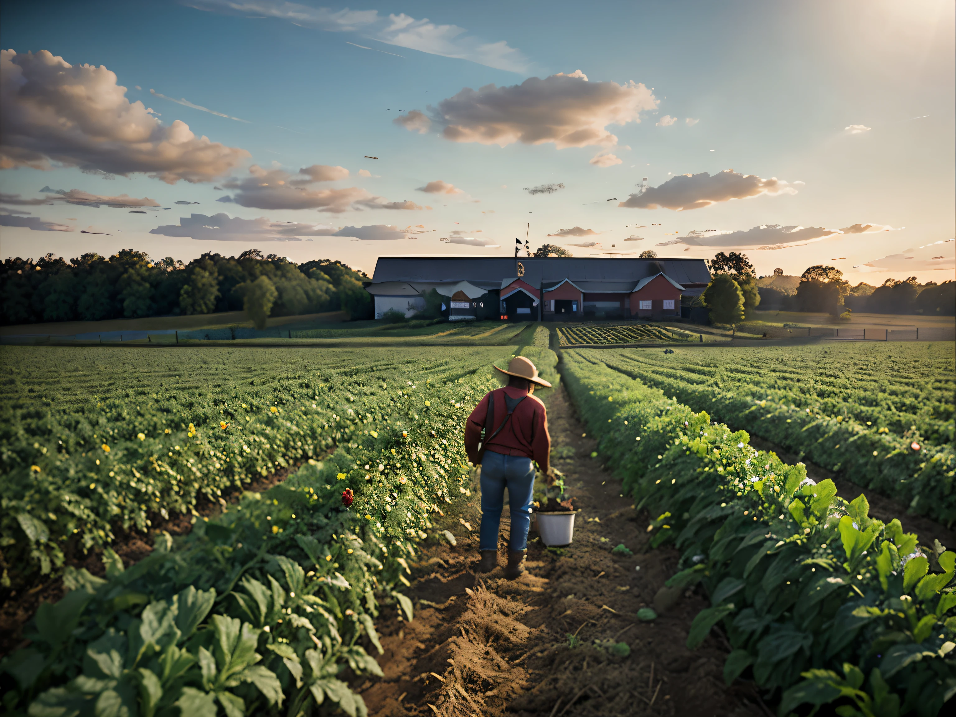 A farm,Farm workers with jobs,Vision,Wide Angle,Movie-quality graphics,Realistic