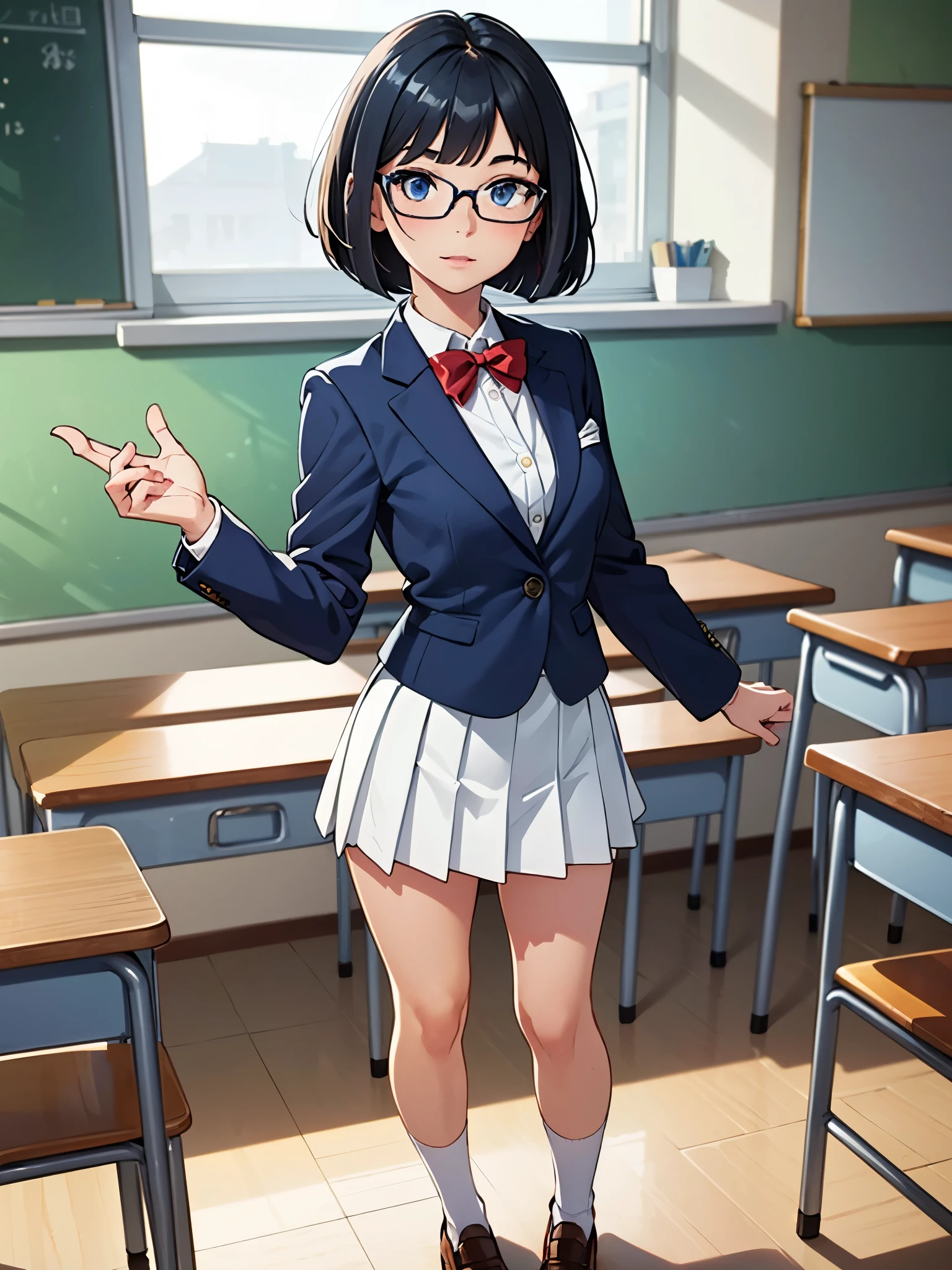 masterpiece, best quality, 1girl, solo, solo focus, brown shoes, matching shoes, white socks, matching socks, (blazer, blue blazer), (white skirt, pleated skirt, miniskirt), glasses (high school girl), standing, standing straight, school backdrop, dark blue hair, ((short hair, bob hair)), blue eyes, beautiful detailed eyes, beautiful detailed face, cute face, perfect hands, complete fingers, perfect anatomy, perfect proportions, relaxed, full body, cowboy shot, classroom