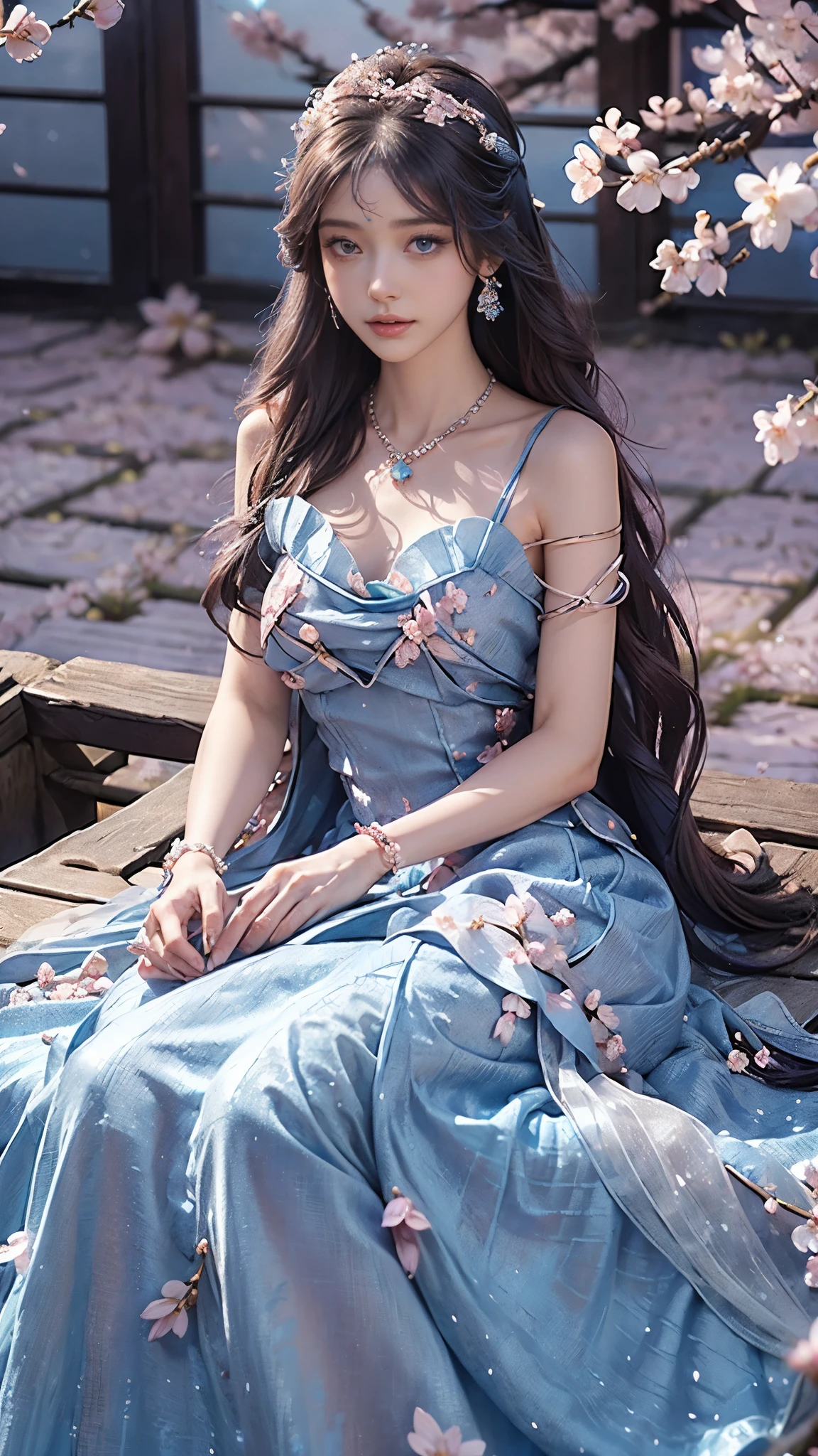 4K, Ultra HD, Masterpiece, 1 girl, good face, detailed eyes, very long hair, princess dress, blue dress, (wearing jwellery:1.8), (cherry blossom:1.5), (bloom effect:1.5), Detailed Fantasy Art, Stunning Character Art, beautiful Exquisite Character Art, Beautiful (blue dress:1.5), Extremely Detailed, Exquisite Intricate Headdress and Jewellery, perfect body, sitting,