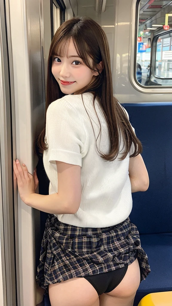 masterpiece, best quality, photo, pantyless 18 years old high school girl stick out their butts from a train sofa as if looking into the window behind her, micro mini pleated skirt, turn around and look at the viewer with provocative smile, and lift up her micro to reveal her butt. have big breasts, , smile, light brown hair, Full body figure, back shot,