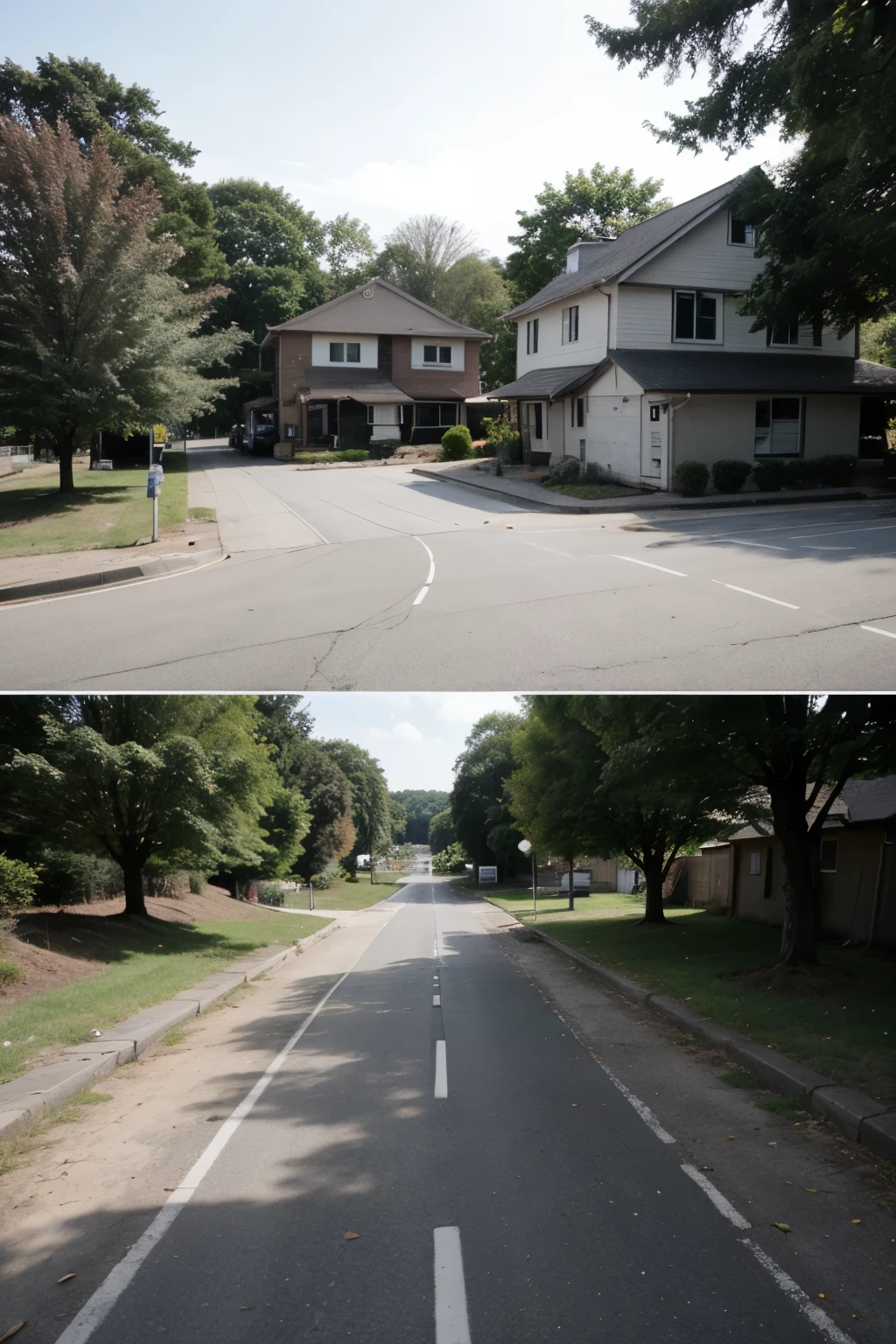 hand drawwing landscape road 2 lanes for driving and 1 lane for parking, Both walking lanes are equal in width have many tree,next to the left walking houses 3 floor next to the right walking lane there will be a square yard no house and stairs slowly go to lake, only black and white color

